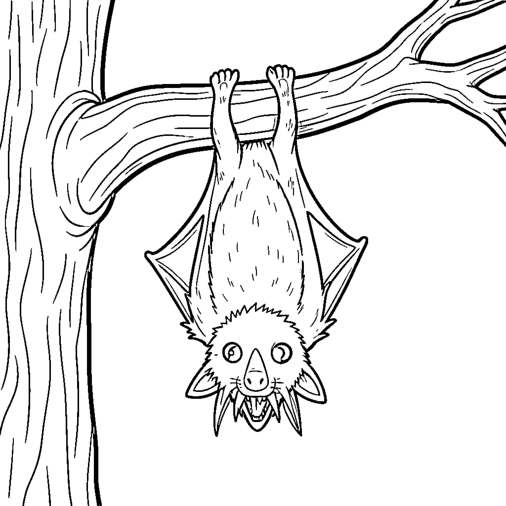 Bat hanging upside down from tree branch Coloring Page (free black-and-white line drawing printable PDF for all, from beginners to advanced learners, including children, teens, adults, and seniors)