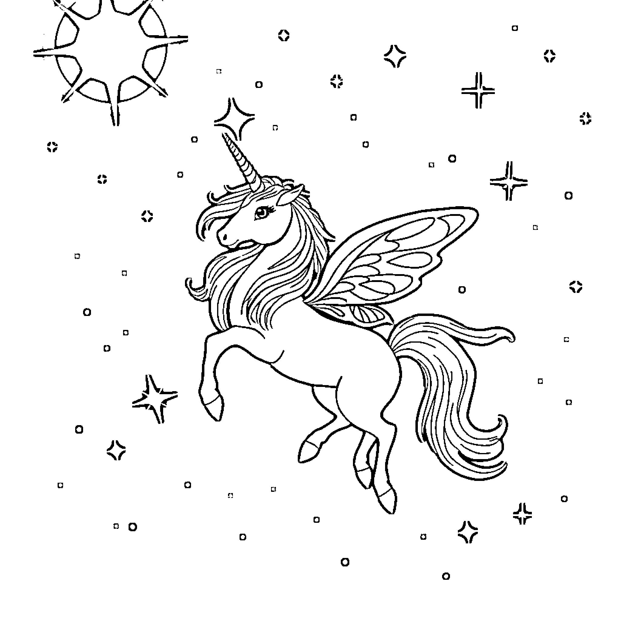 Unicorn flying among stars in the night sky Coloring Page (free black-and-white line drawing printable PDF for all, from beginners to advanced learners, including children, teens, adults, and seniors)