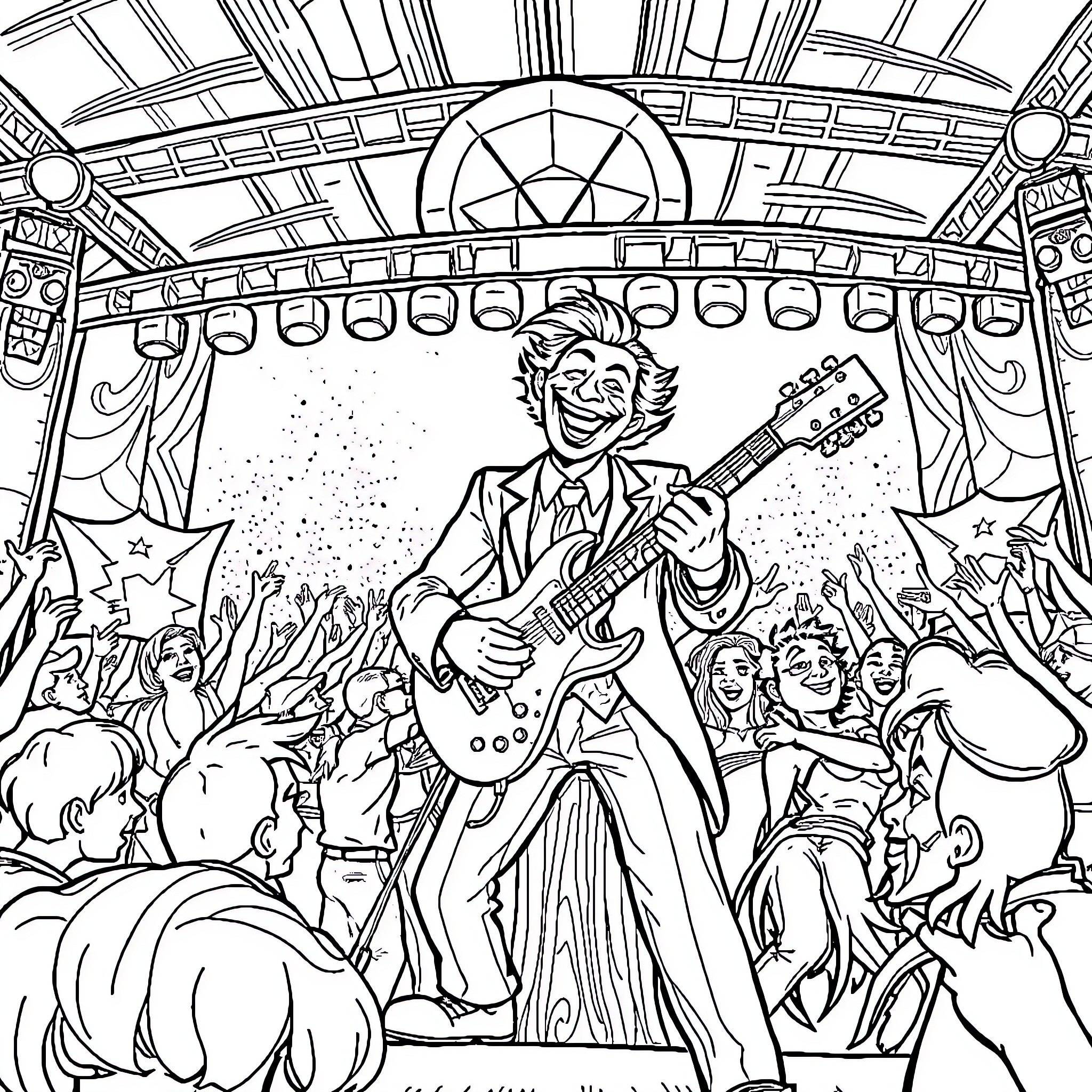 Joker performing energetically on stage with adoring crowd Coloring Page (free black-and-white line drawing printable PDF for all, from beginners to advanced learners, including children, teens, adults, and seniors)