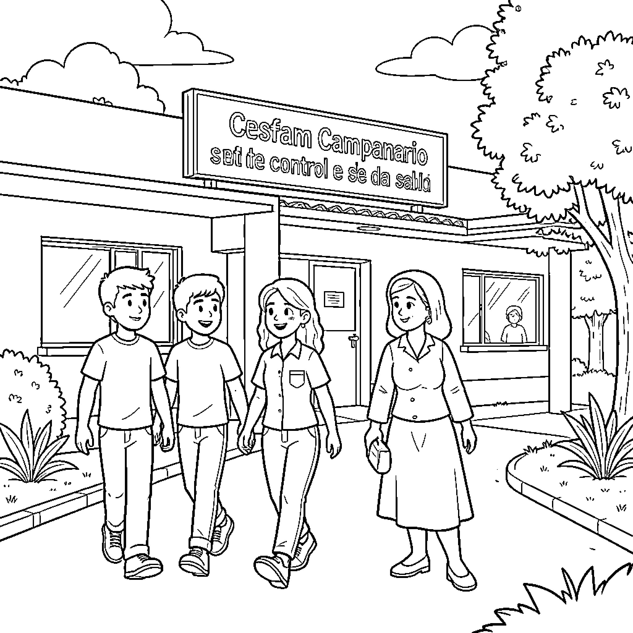 Adolescents exploring a local business district Coloring Page (free black-and-white line drawing printable PDF for all, from beginners to advanced learners, including children, teens, adults, and seniors)