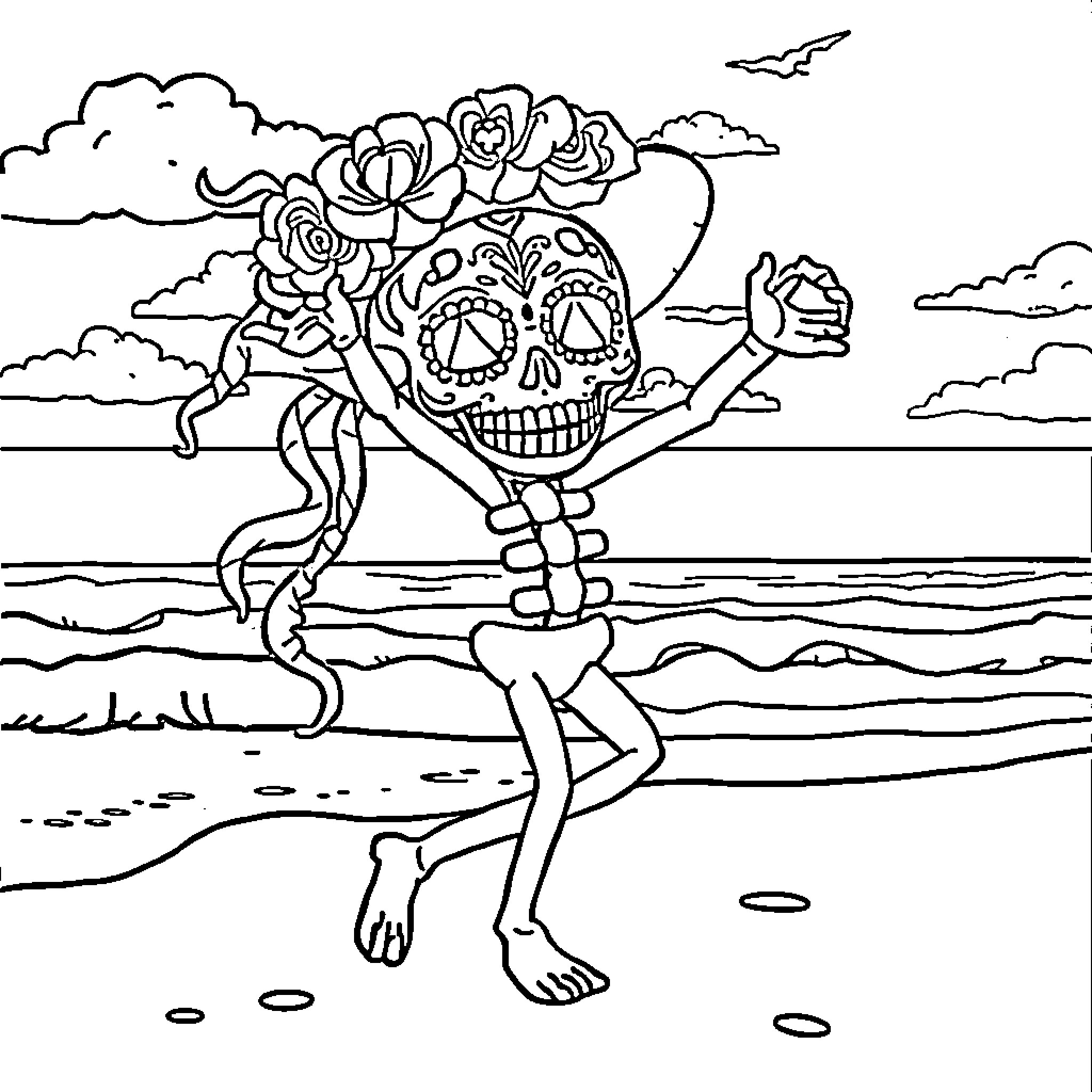 Sugar Skull Dancing on the Beach Coloring Page (free black-and-white line drawing printable PDF for all, from beginners to advanced learners, including children, teens, adults, and seniors)
