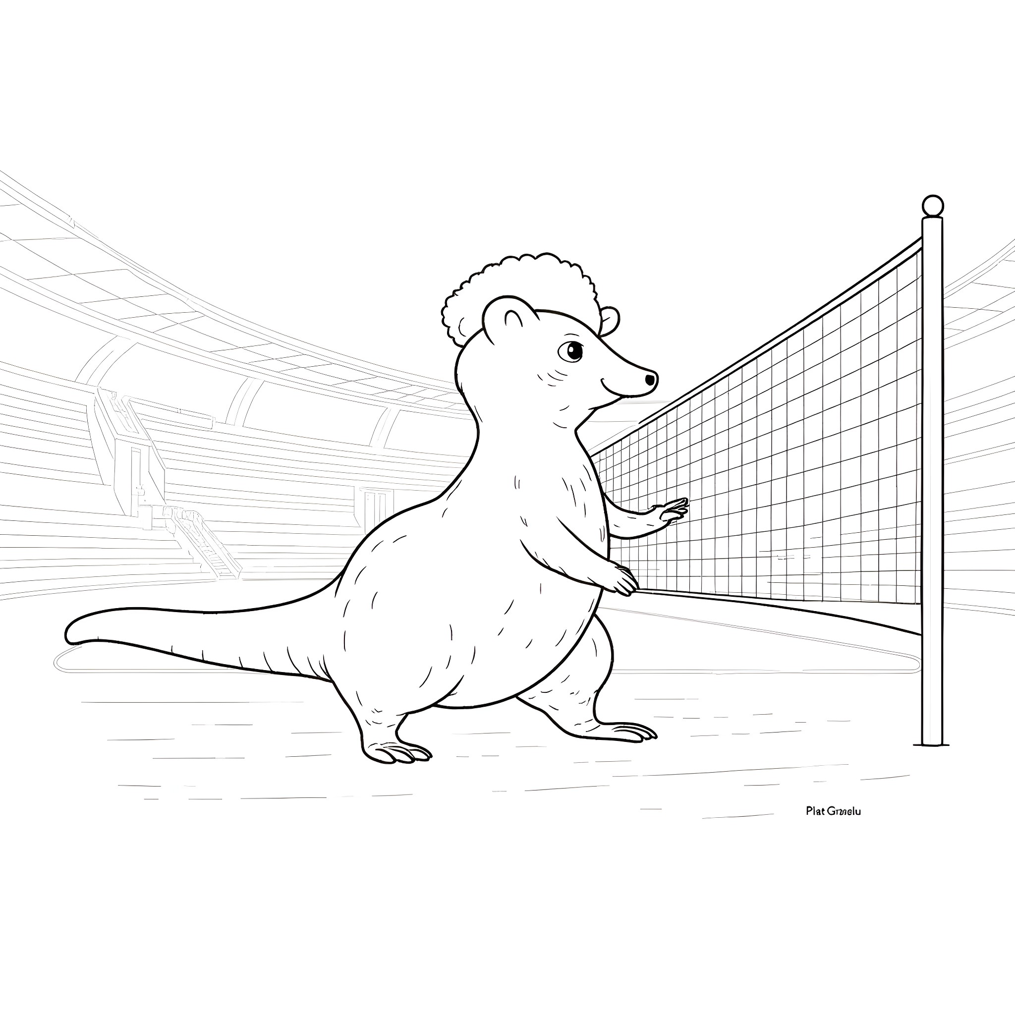 Platypus playing volleyball in a stadium Coloring Page (free black-and-white line drawing printable PDF for all, from beginners to advanced learners, including children, teens, adults, and seniors)
