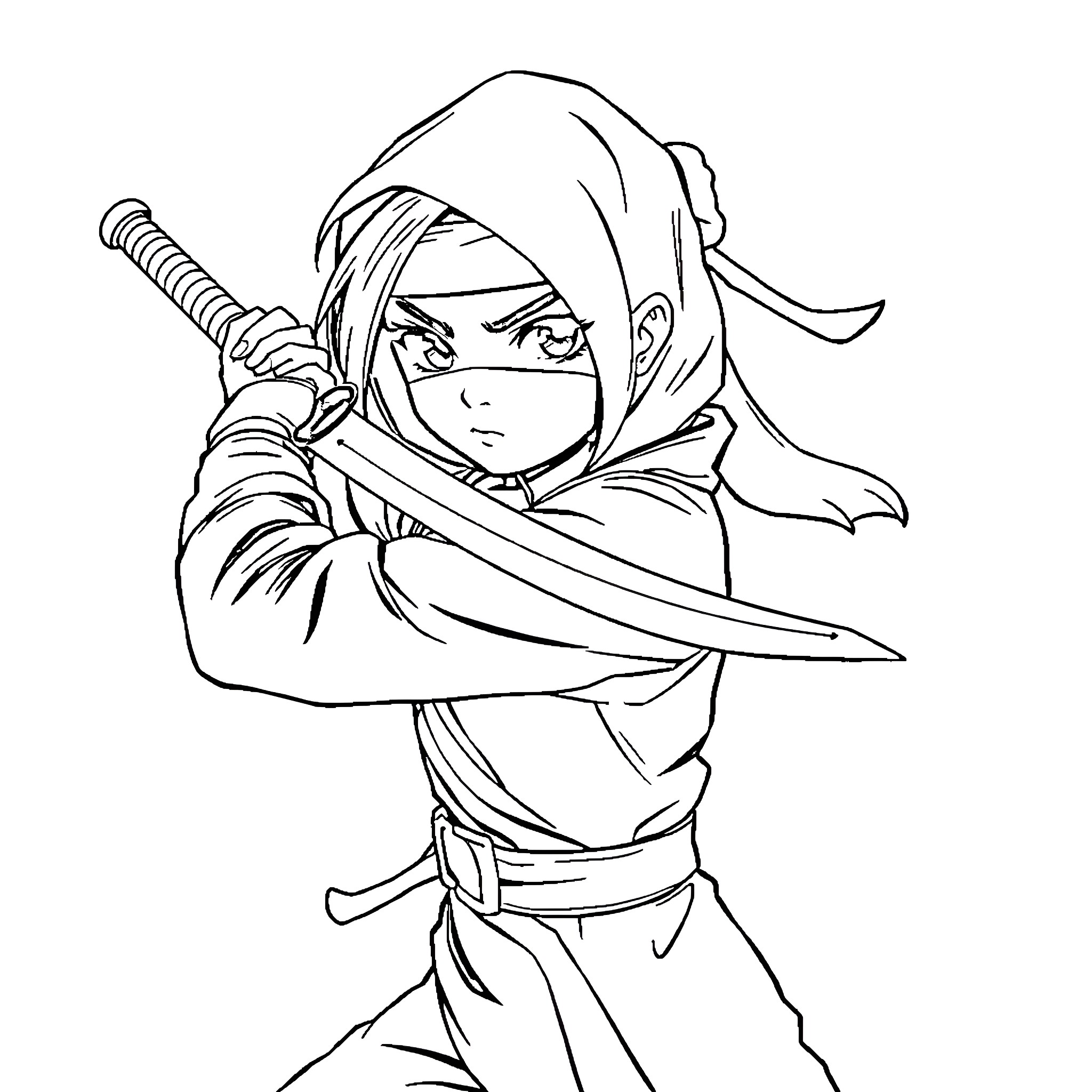 Ninja warrior in combat stance with sword Coloring Page (free black-and-white line drawing printable PDF for all, from beginners to advanced learners, including children, teens, adults, and seniors)