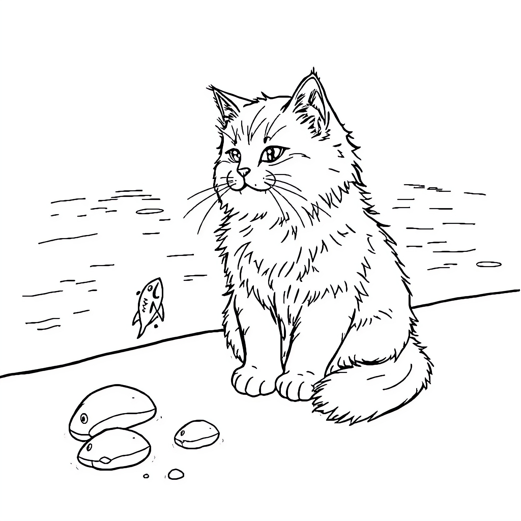 Cat observing curious objects on the ground Coloring Page (free black-and-white line drawing printable PDF for all, from beginners to advanced learners, including children, teens, adults, and seniors)