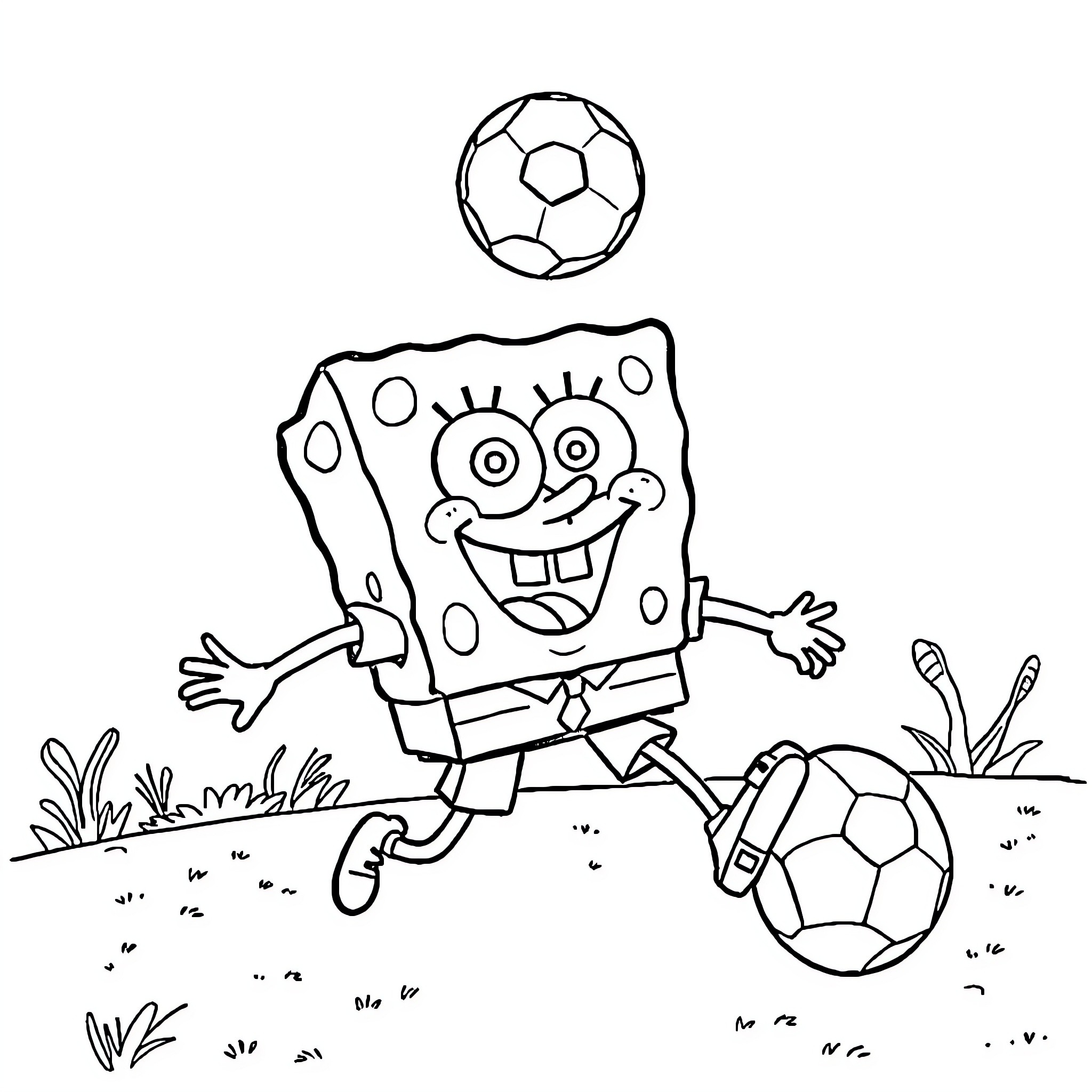 Spongebob playing with soccer balls in the field Coloring Page (free black-and-white line drawing printable PDF for all, from beginners to advanced learners, including children, teens, adults, and seniors)