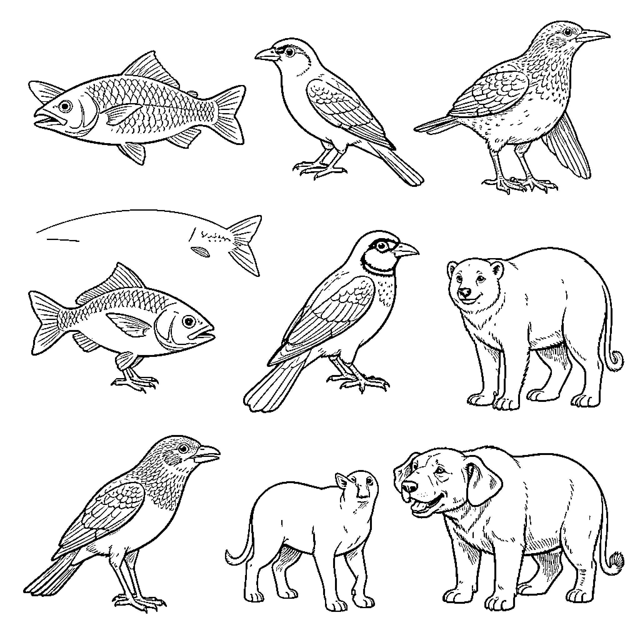 Vertebrate Animals in Detailed Line Art Illustrations Coloring Page (free black-and-white line drawing printable PDF for all, from beginners to advanced learners, including children, teens, adults, and seniors)