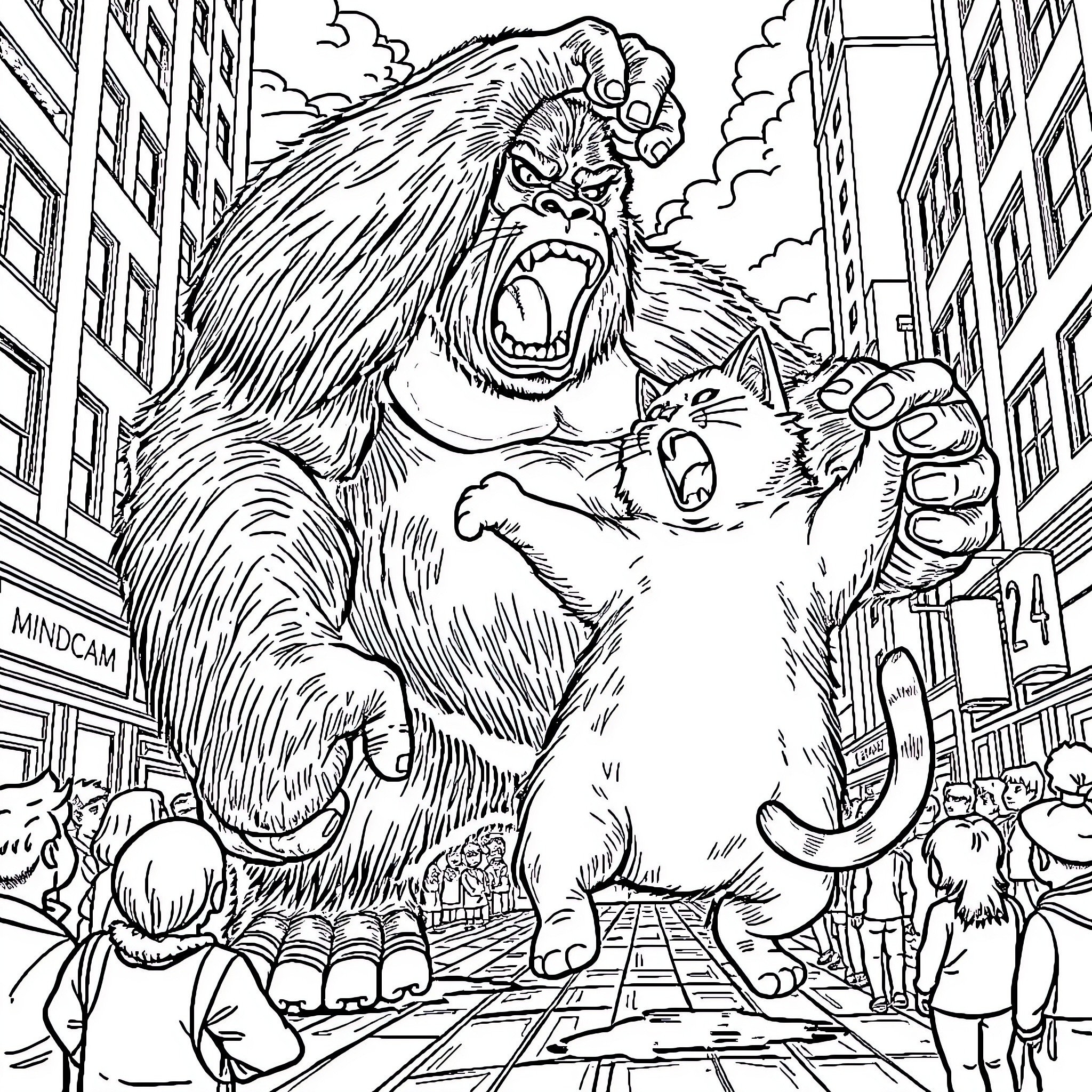 Cat Rampaging Through City With Ferocious Growl Coloring Page (free black-and-white line drawing printable PDF for all, from beginners to advanced learners, including children, teens, adults, and seniors)