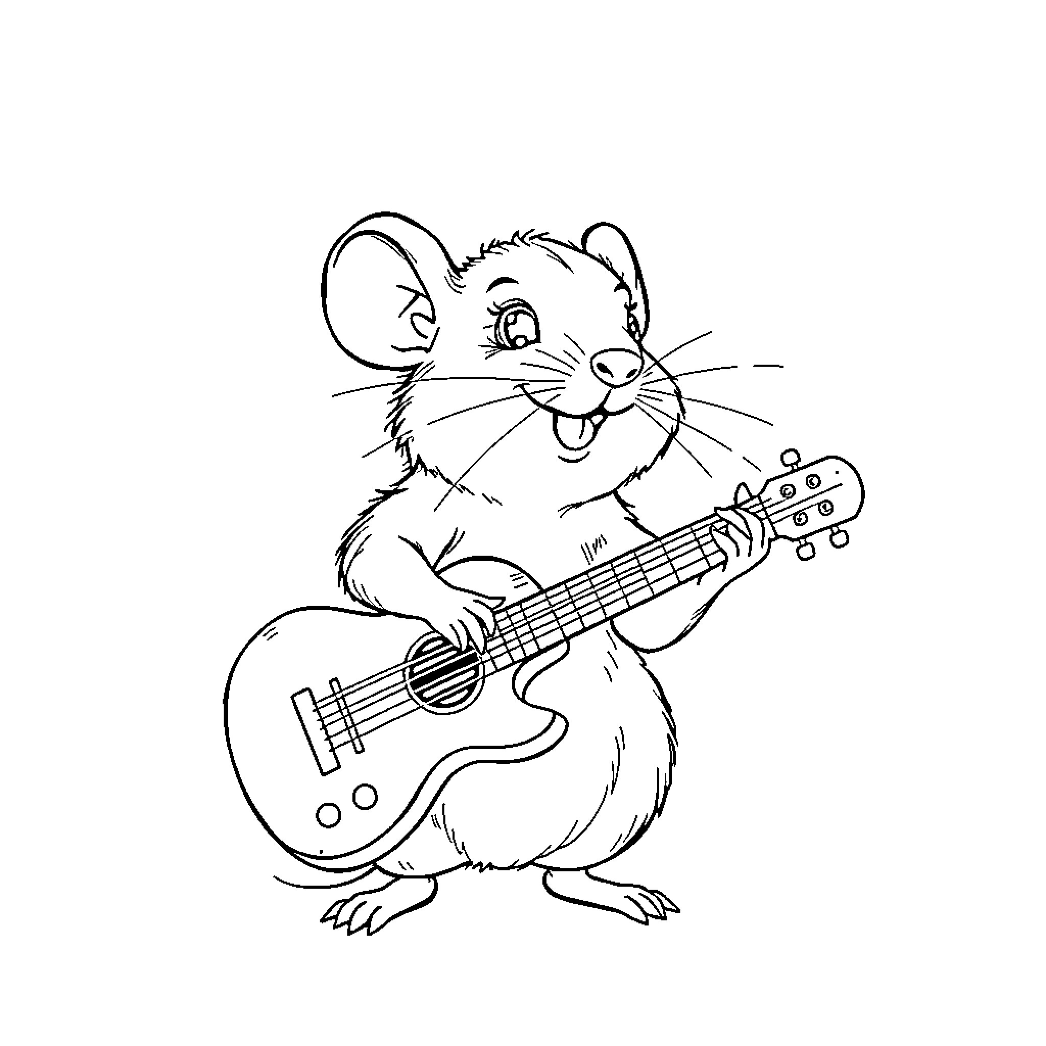 Mouse playing a guitar with joy Coloring Page (free black-and-white line drawing printable PDF for all, from beginners to advanced learners, including children, teens, adults, and seniors)