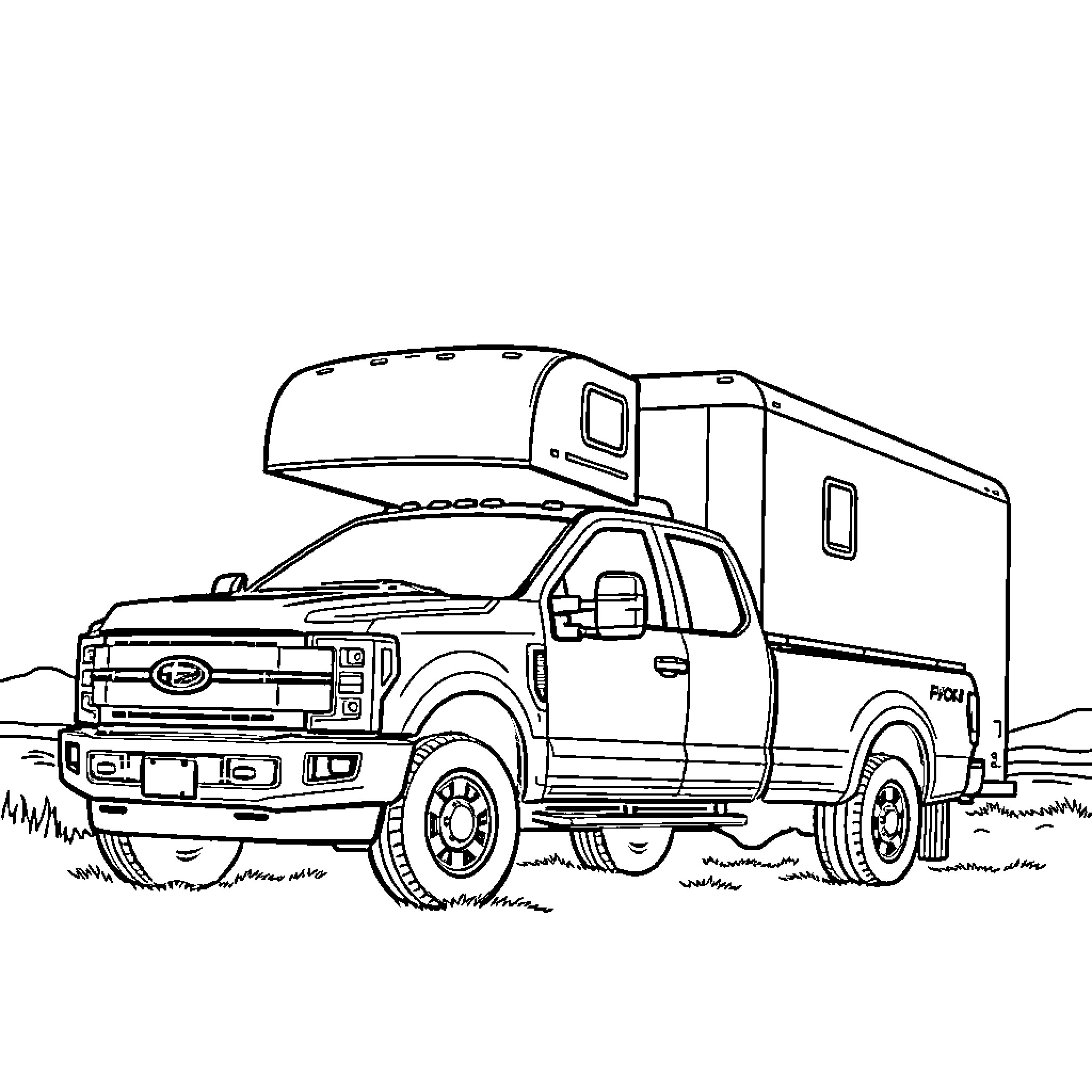 Pickup Truck with Camper on the Road Coloring Page (free black-and-white line drawing printable PDF for all, from beginners to advanced learners, including children, teens, adults, and seniors)