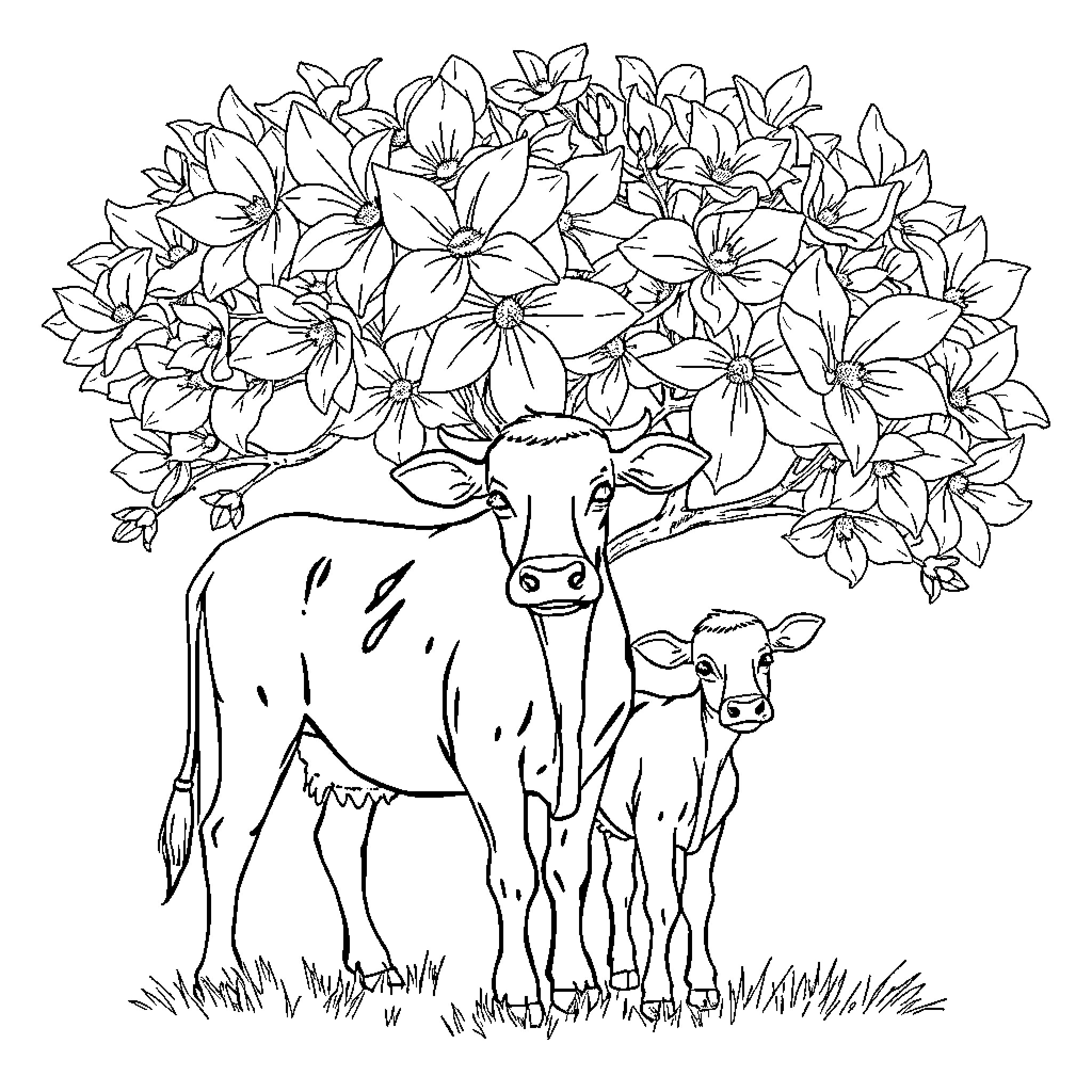Cow and calf standing under floral tree Coloring Page (free black-and-white line drawing printable PDF for all, from beginners to advanced learners, including children, teens, adults, and seniors)