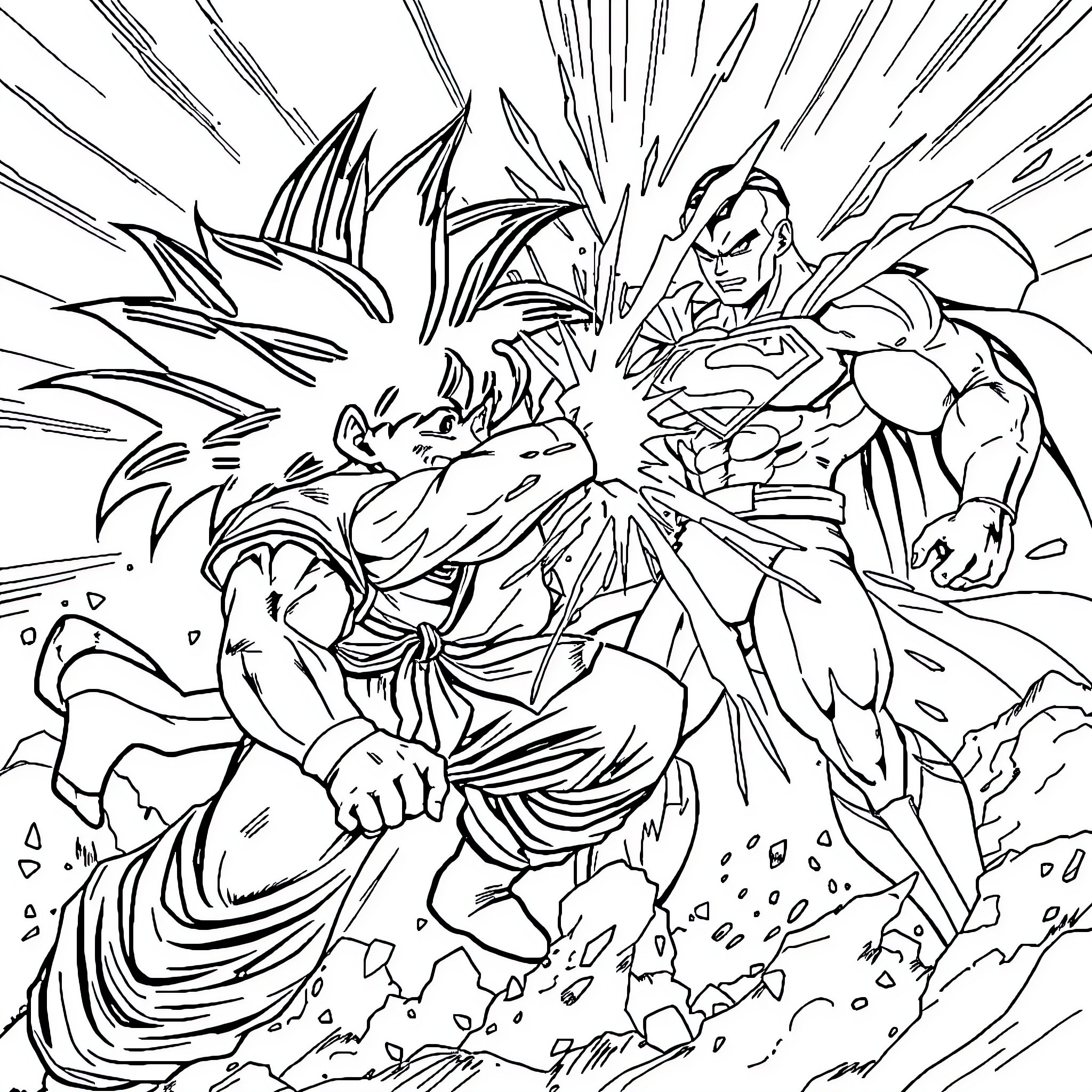 Gouku's Fierce Battle Against Mighty Opponent Coloring Page (free black-and-white line drawing printable PDF for all, from beginners to advanced learners, including children, teens, adults, and seniors)