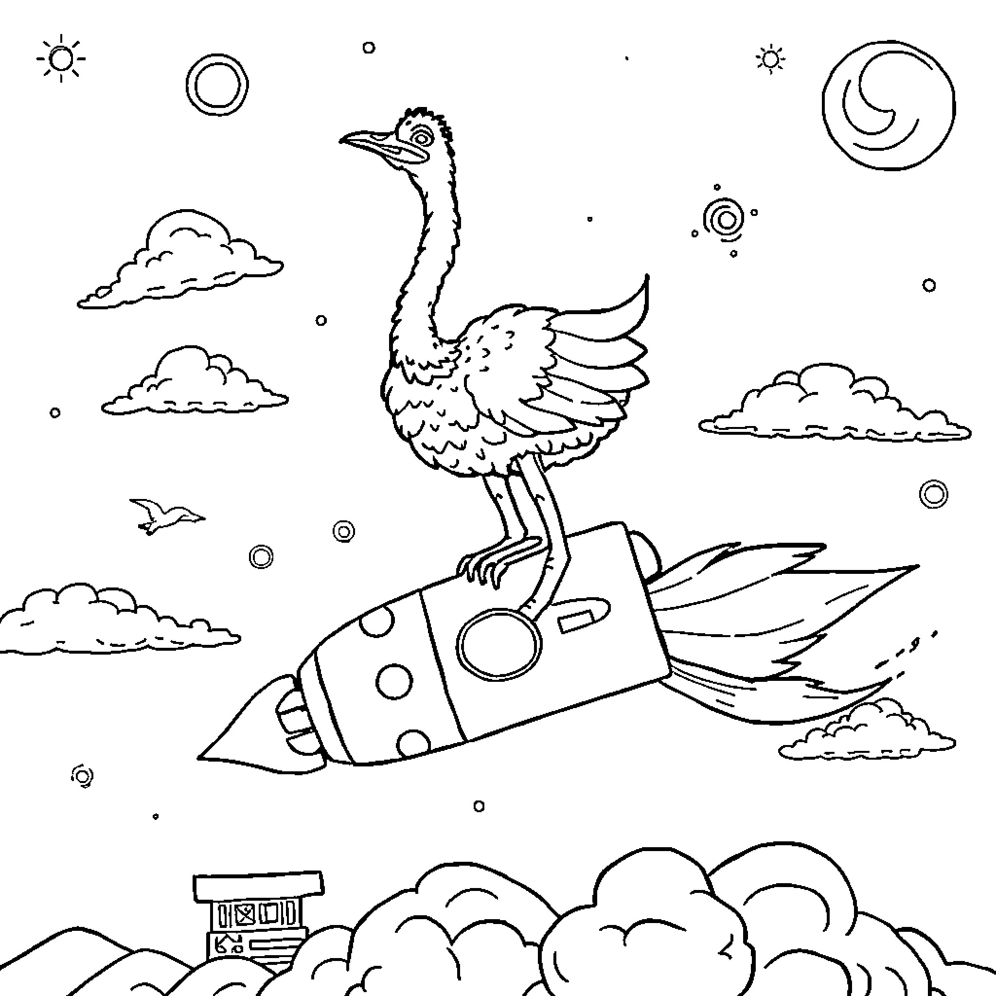 Ostrich riding a rocket in the sky Coloring Page (free black-and-white line drawing printable PDF for all, from beginners to advanced learners, including children, teens, adults, and seniors)