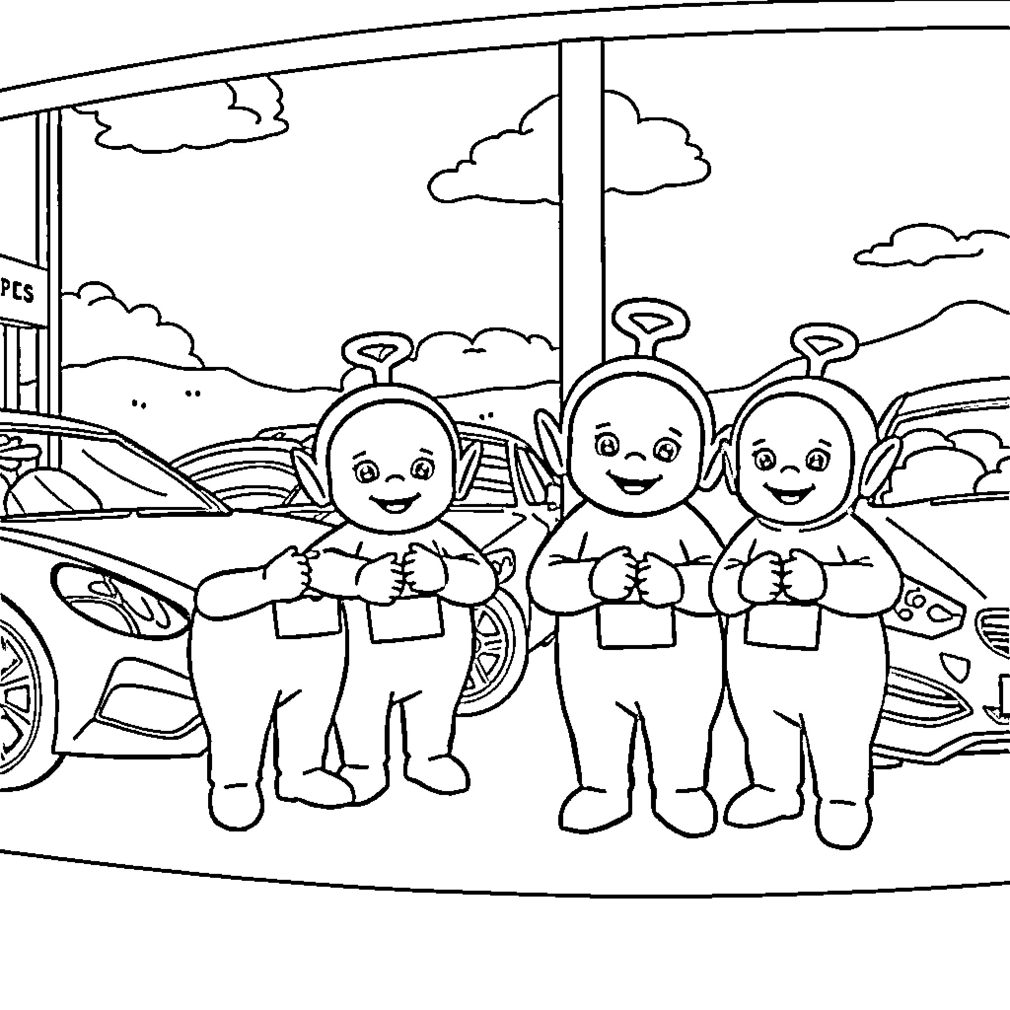 Teletubbies enjoying a sunny day outdoors Coloring Page (free black-and-white line drawing printable PDF for all, from beginners to advanced learners, including children, teens, adults, and seniors)