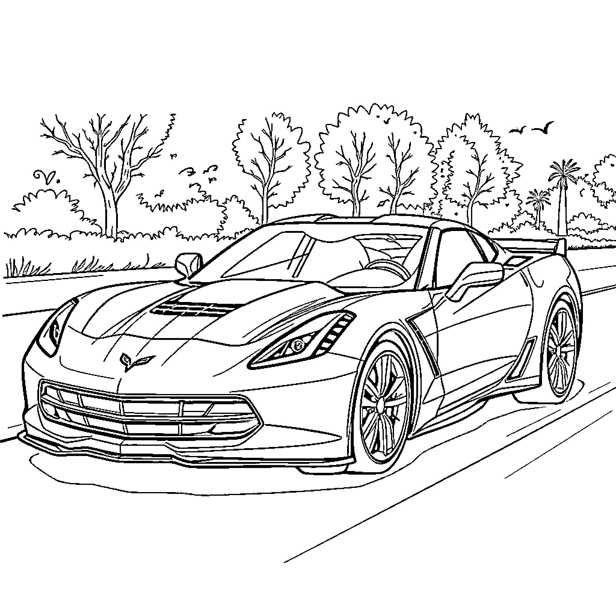 Chevrolet Sports Car Racing on the Open Road Coloring Page (free black-and-white line drawing printable PDF for all, from beginners to advanced learners, including children, teens, adults, and seniors)