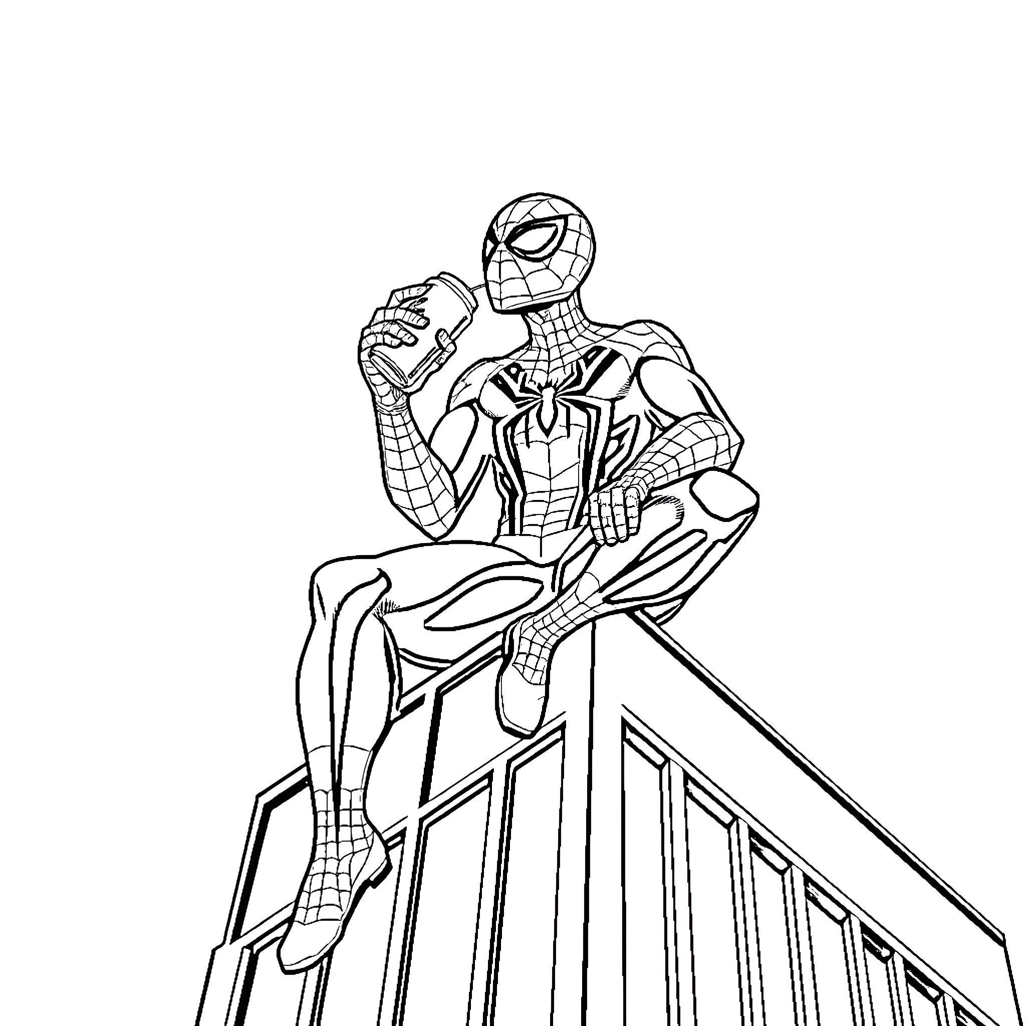 Spiderman perched on a building, ready for action Coloring Page (free black-and-white line drawing printable PDF for all, from beginners to advanced learners, including children, teens, adults, and seniors)