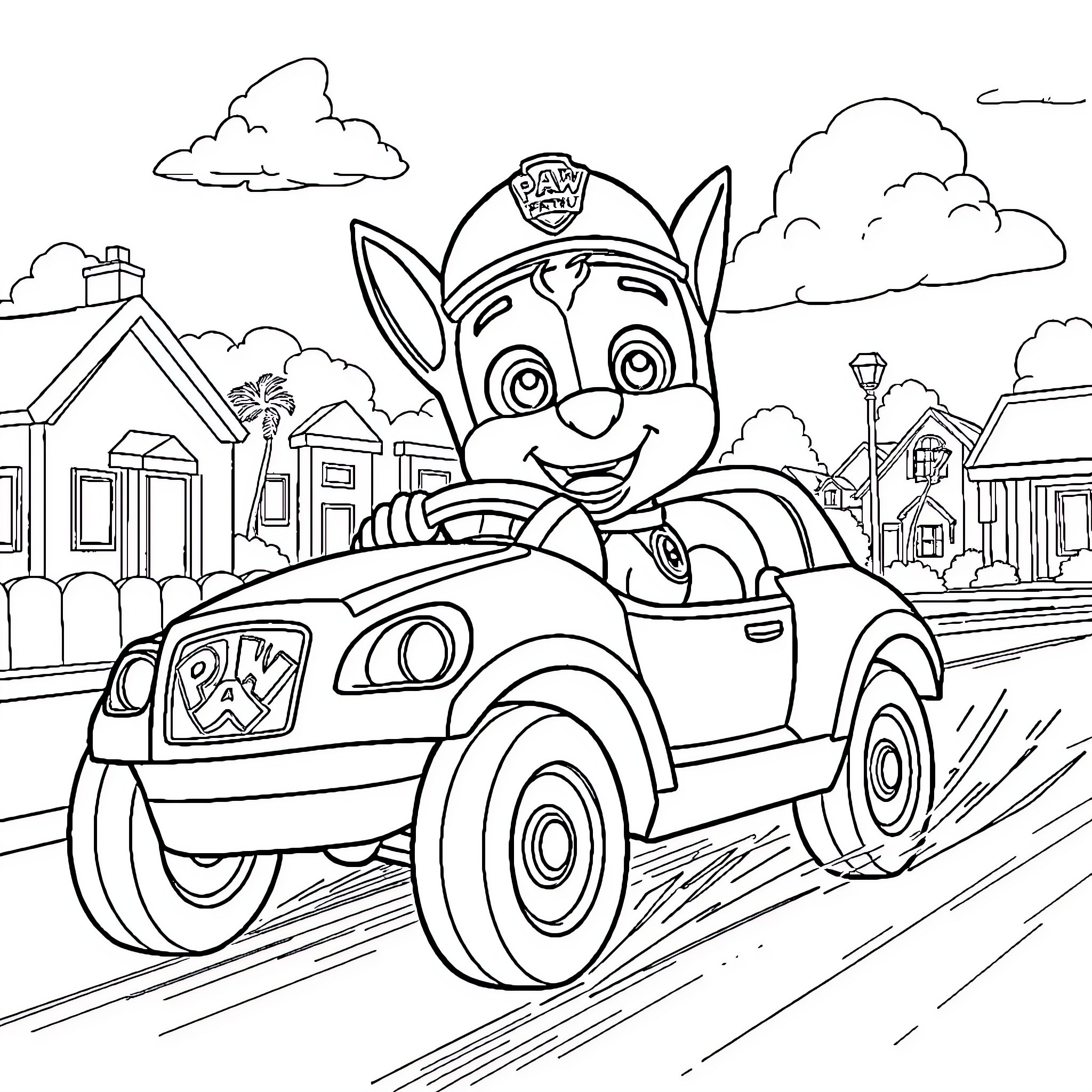 Rubble's Exciting Patrol in the Paw Patrol Town Coloring Page (free black-and-white line drawing printable PDF for all, from beginners to advanced learners, including children, teens, adults, and seniors)