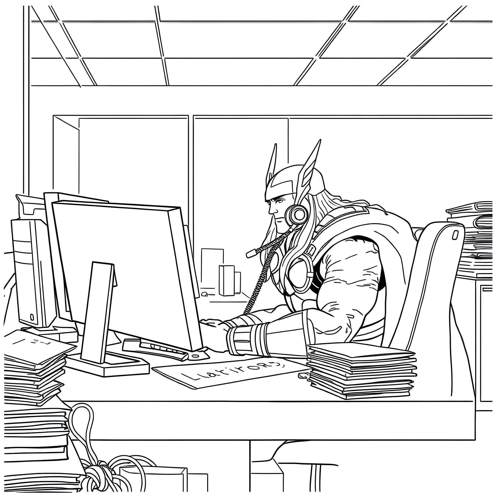 Thor Busy at Work in His Cluttered Office Coloring Page (free black-and-white line drawing printable PDF for all, from beginners to advanced learners, including children, teens, adults, and seniors)