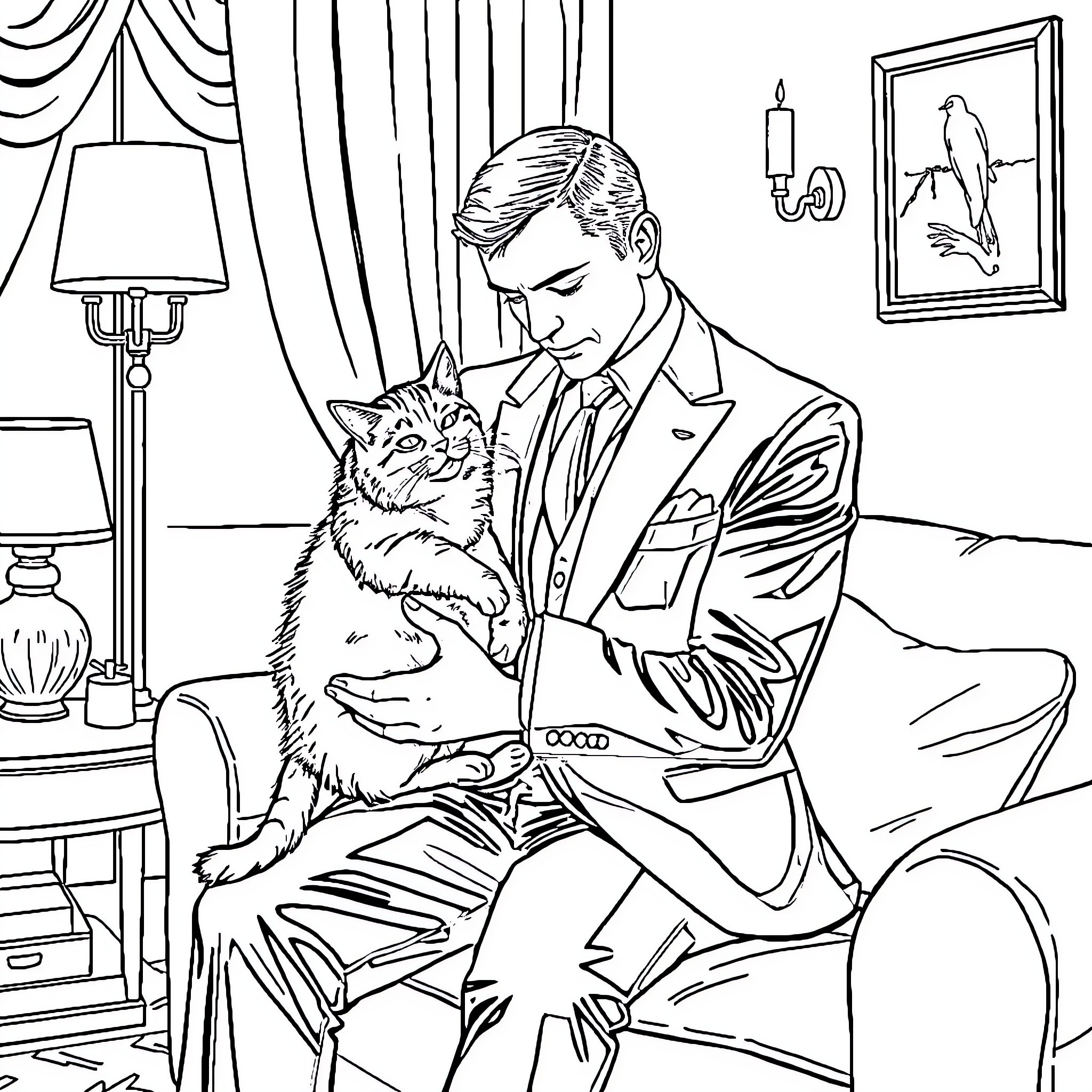 James Bond relaxes with a feline companion Coloring Page (free black-and-white line drawing printable PDF for all, from beginners to advanced learners, including children, teens, adults, and seniors)