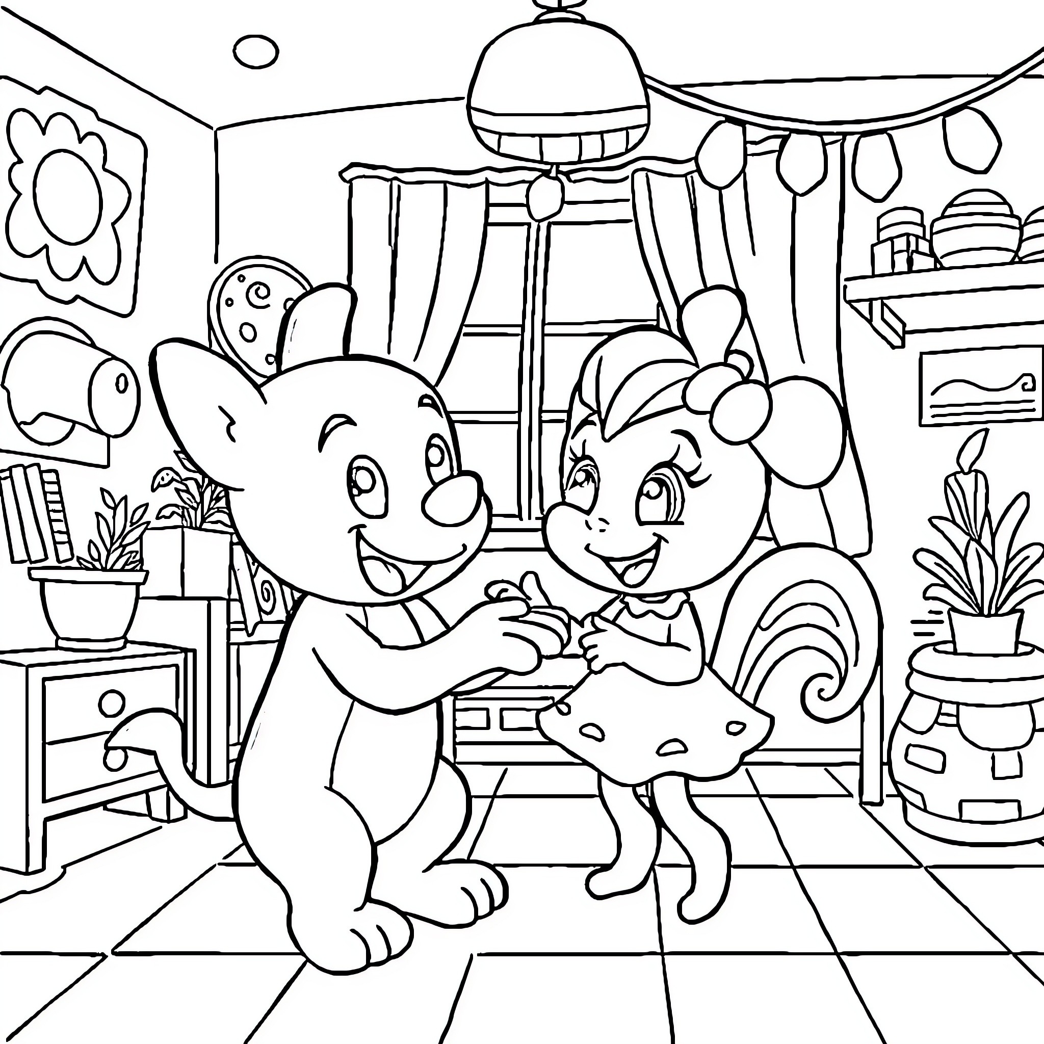 Bluey and Friends in Playful Exploration Coloring Page (free black-and-white line drawing printable PDF for all, from beginners to advanced learners, including children, teens, adults, and seniors)