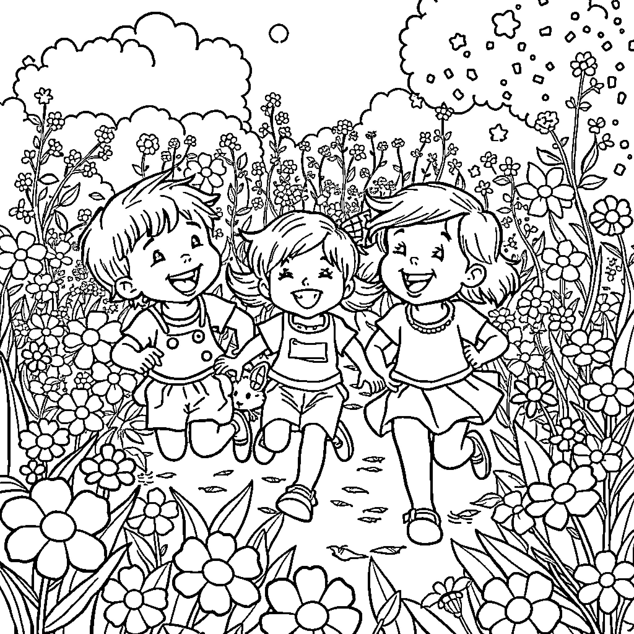 Kid friends playing happily in a flower garden Coloring Page (free black-and-white line drawing printable PDF for all, from beginners to advanced learners, including children, teens, adults, and seniors)