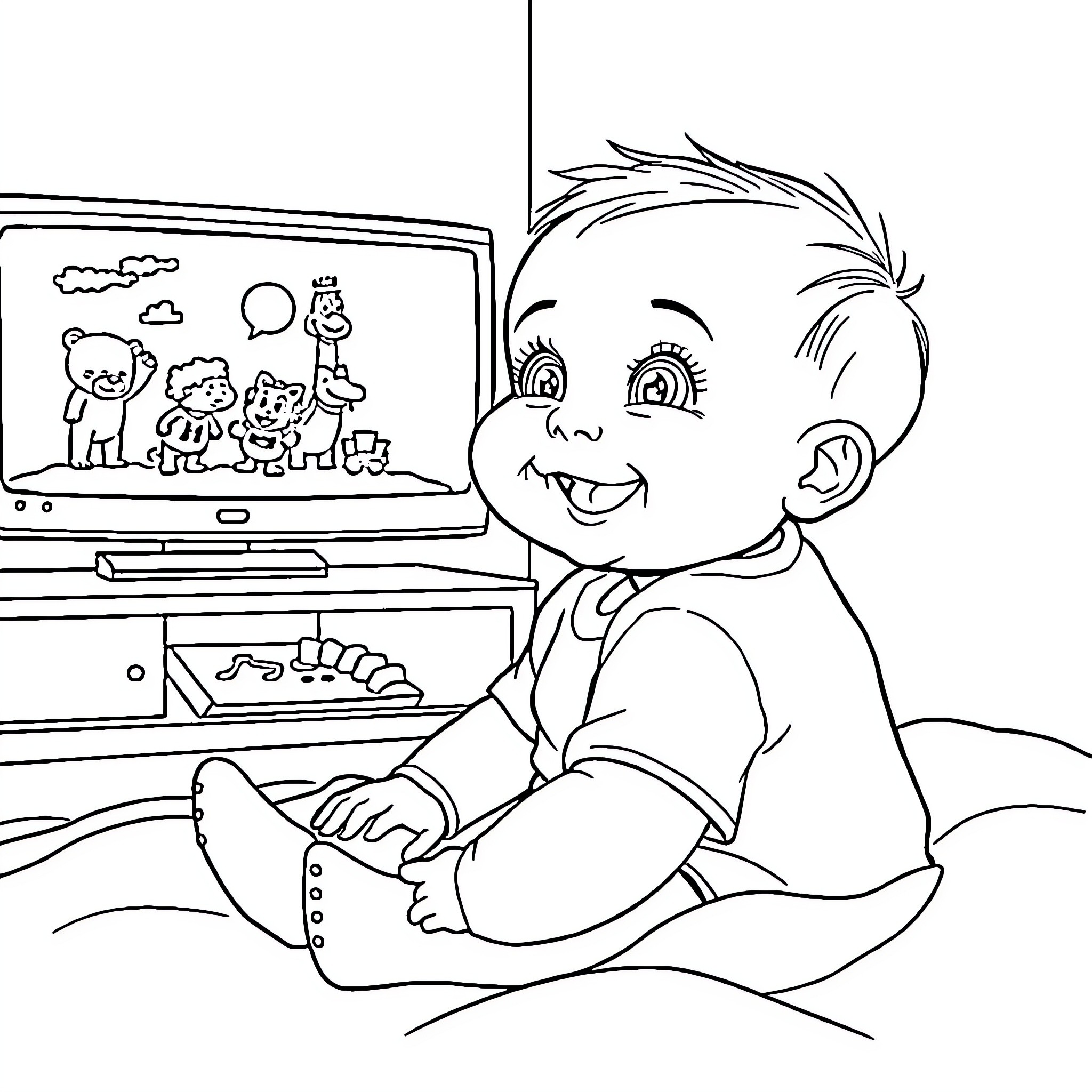 Baby enjoying animated characters on computer screen Coloring Page (free black-and-white line drawing printable PDF for all, from beginners to advanced learners, including children, teens, adults, and seniors)