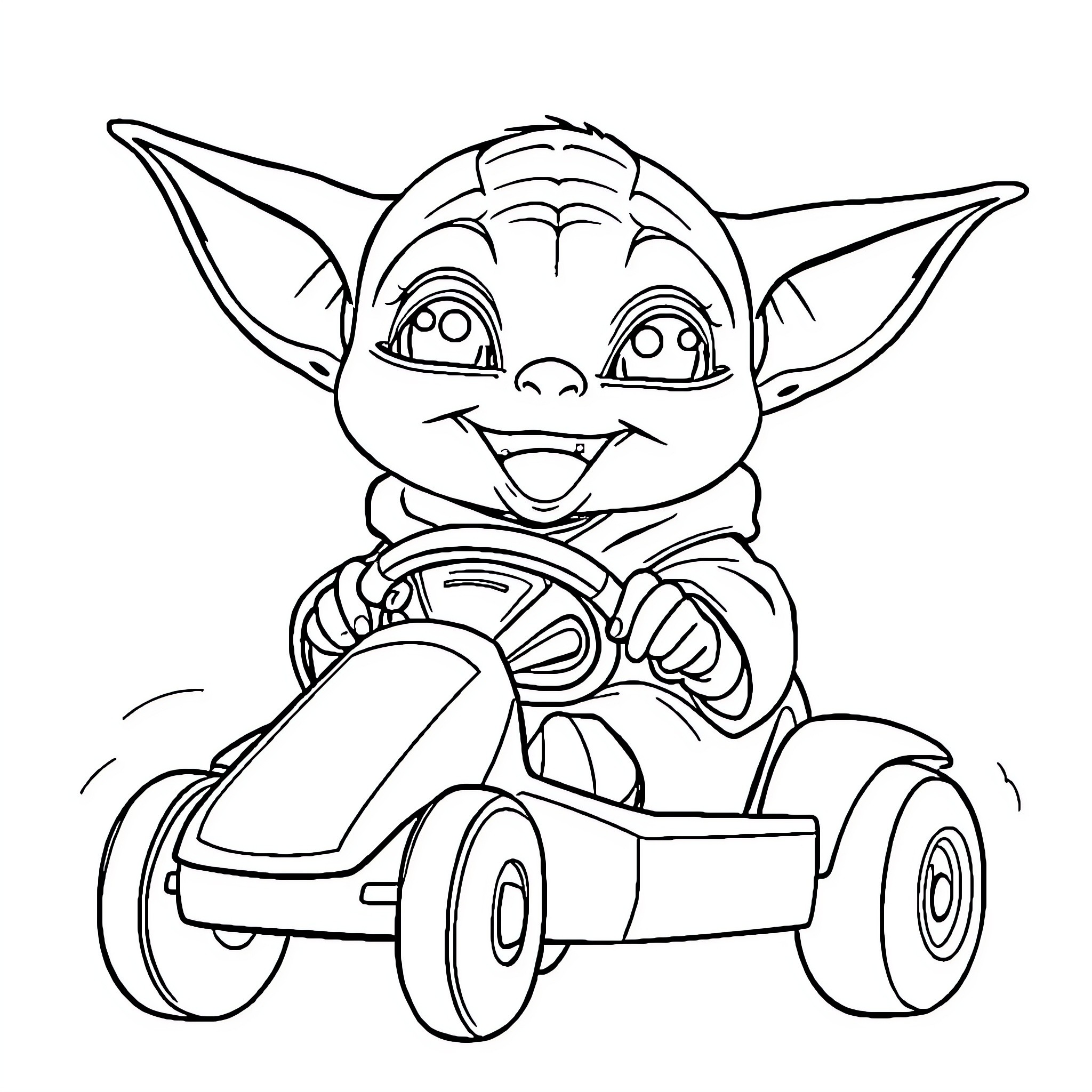 Baby Yoda driving a toy car happily Coloring Page (free black-and-white line drawing printable PDF for all, from beginners to advanced learners, including children, teens, adults, and seniors)