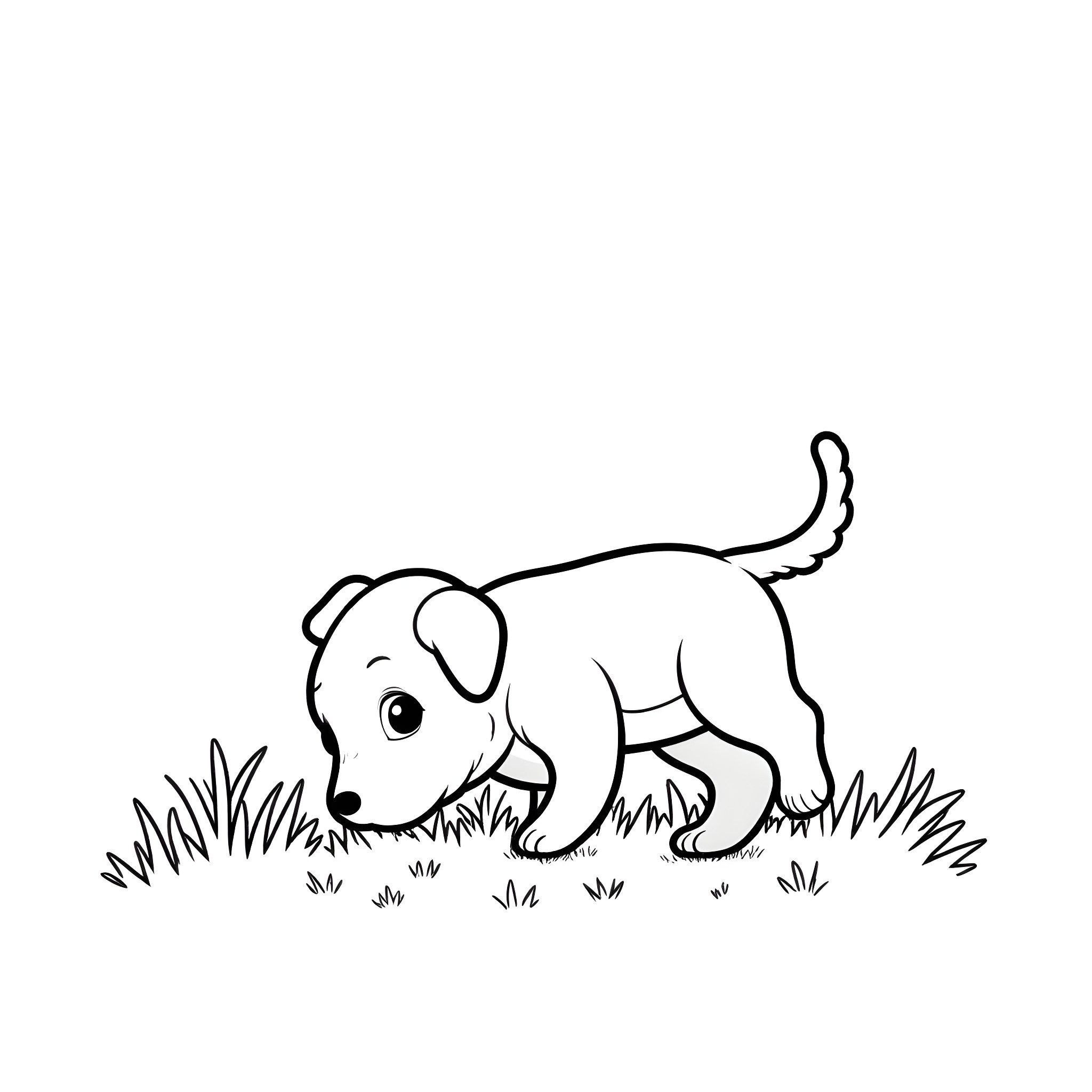 Puppy exploring the grassy outdoors Coloring Page (free black-and-white line drawing printable PDF for all, from beginners to advanced learners, including children, teens, adults, and seniors)