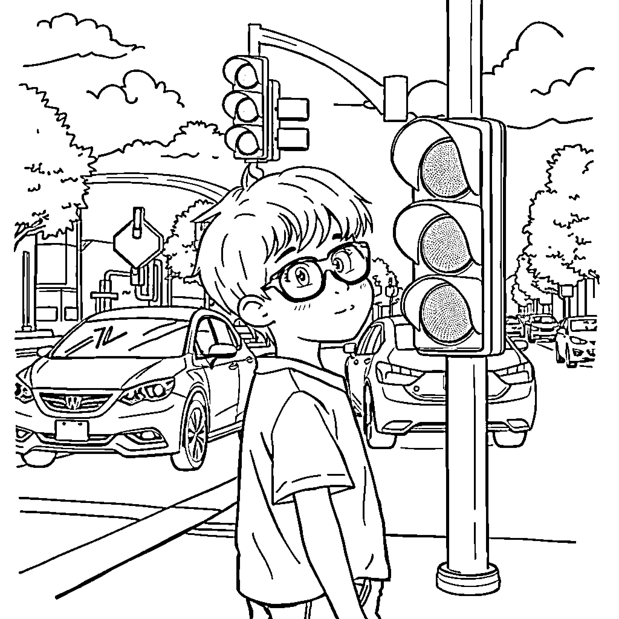 Boy crossing the street amid traffic signals Coloring Page (free black-and-white line drawing printable PDF for all, from beginners to advanced learners, including children, teens, adults, and seniors)