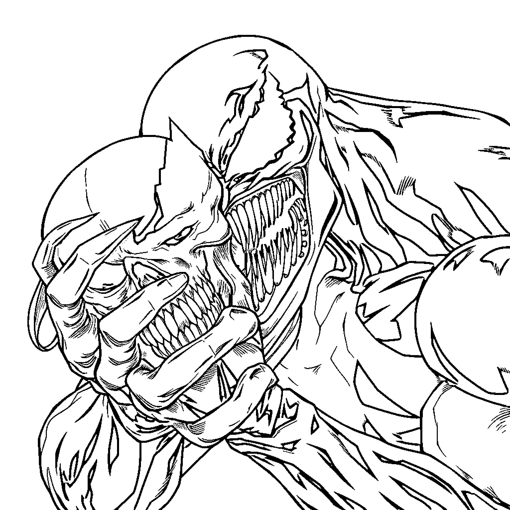 Venom, the Fearsome Symbiote's Menacing Visage Coloring Page (free black-and-white line drawing printable PDF for all, from beginners to advanced learners, including children, teens, adults, and seniors)