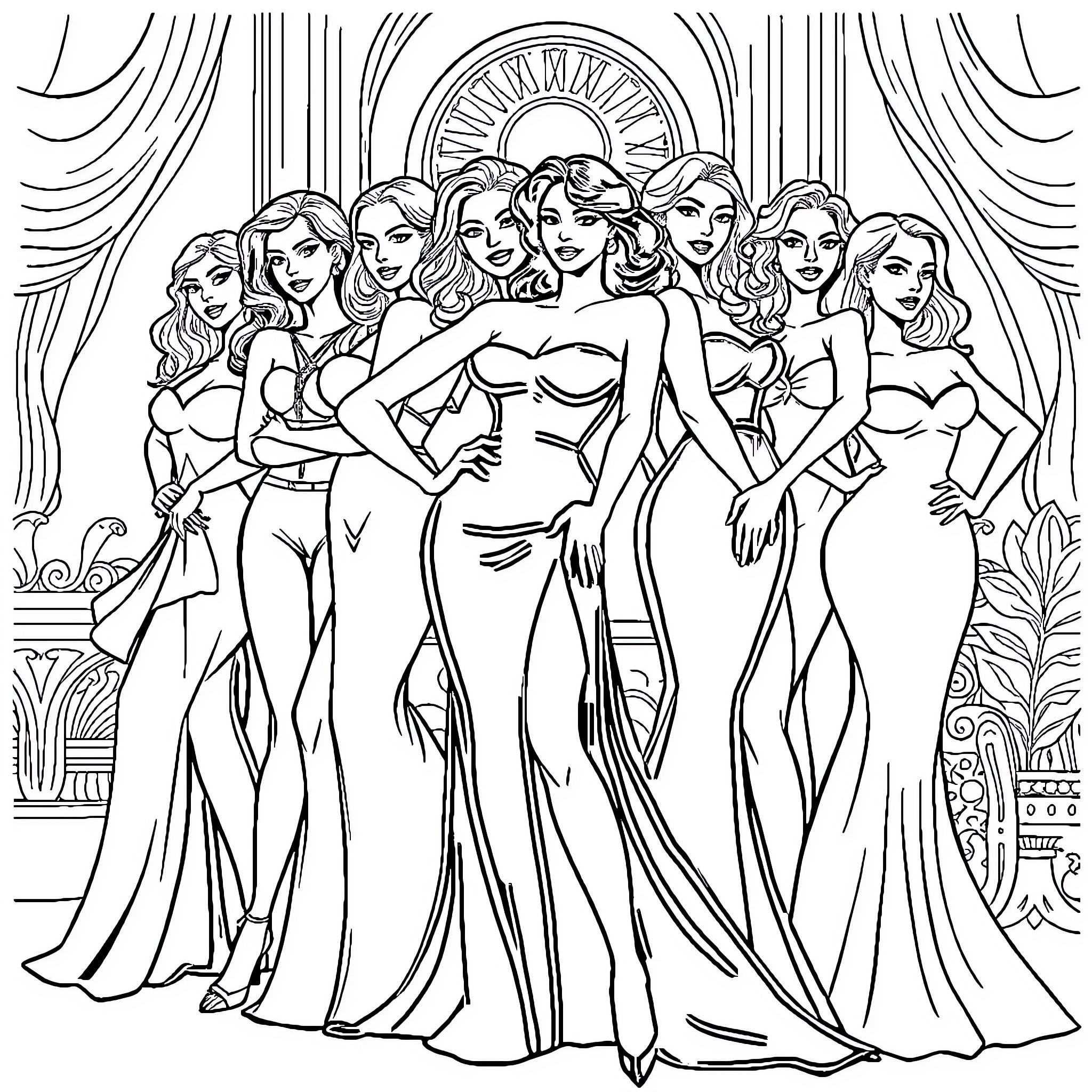 Woman posing glamorously in formal gowns Coloring Page (free black-and-white line drawing printable PDF for all, from beginners to advanced learners, including children, teens, adults, and seniors)