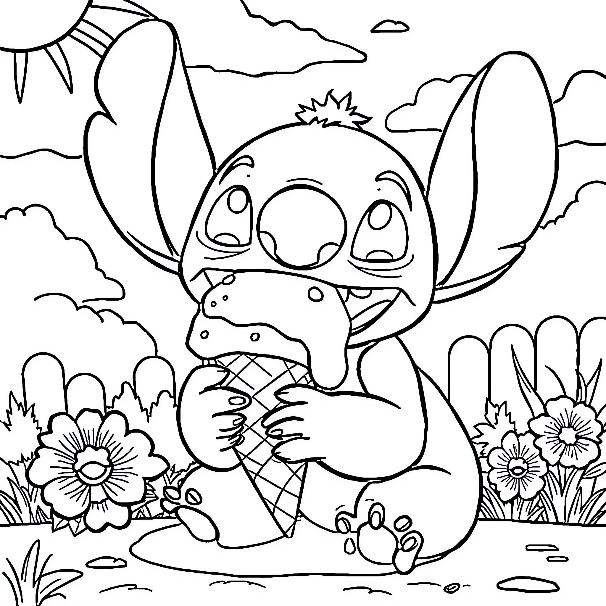 Stitch enjoying nature in a lush landscape Coloring Page (free black-and-white line drawing printable PDF for all, from beginners to advanced learners, including children, teens, adults, and seniors)