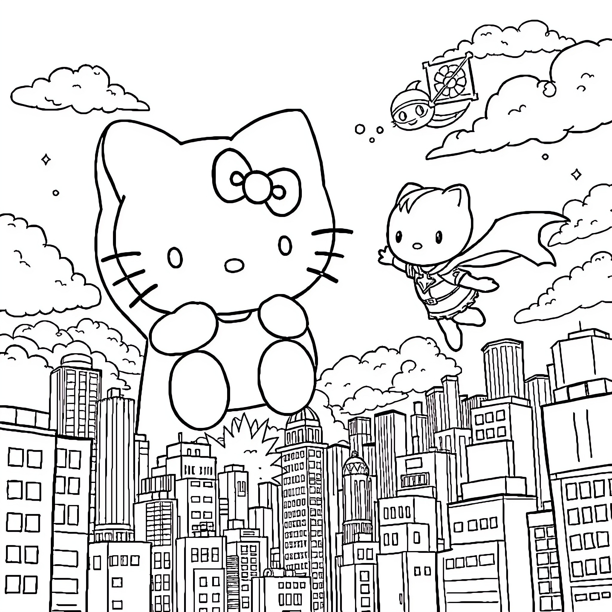 Hello Kitty flying over cityscape with cat friend Coloring Page (free black-and-white line drawing printable PDF for all, from beginners to advanced learners, including children, teens, adults, and seniors)
