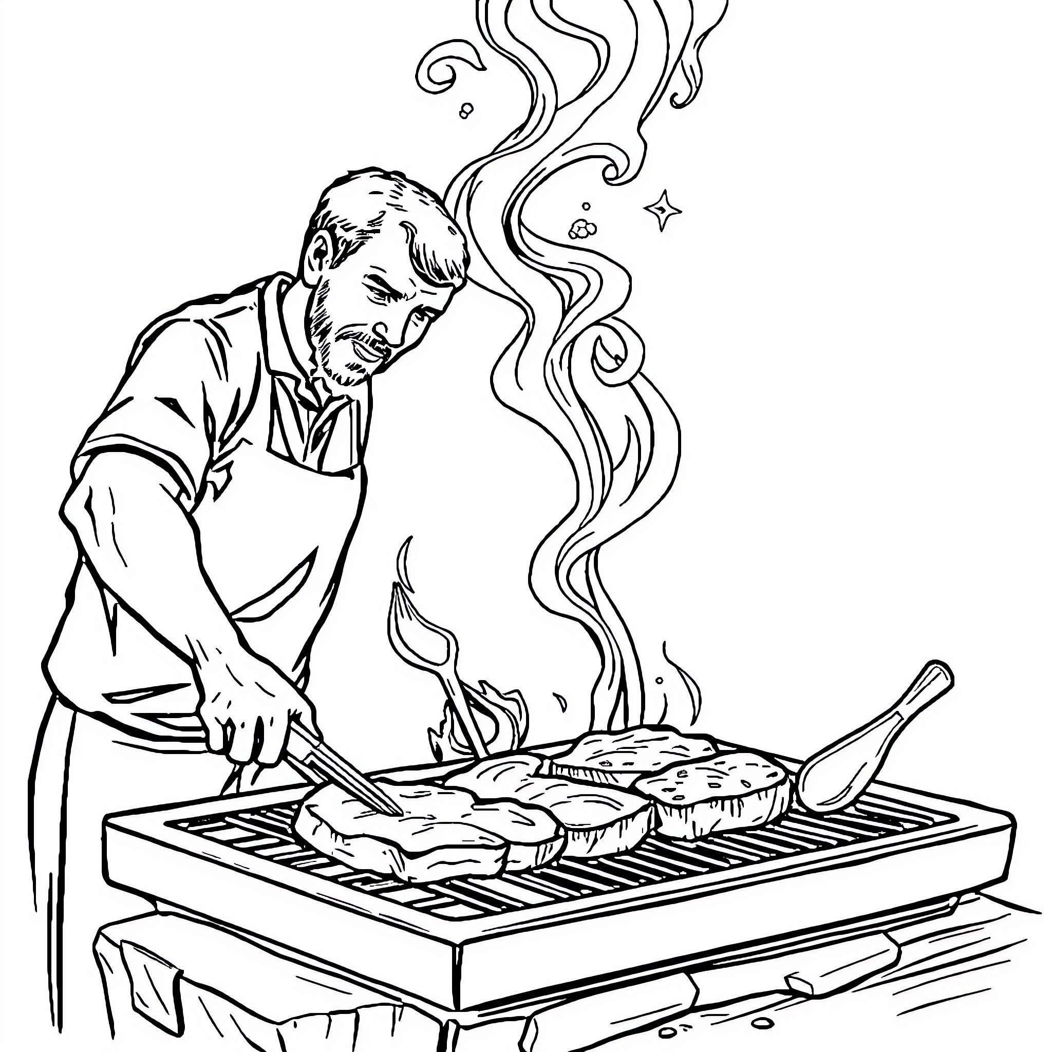 Man cooking delicious meal on grill Coloring Page (free black-and-white line drawing printable PDF for all, from beginners to advanced learners, including children, teens, adults, and seniors)