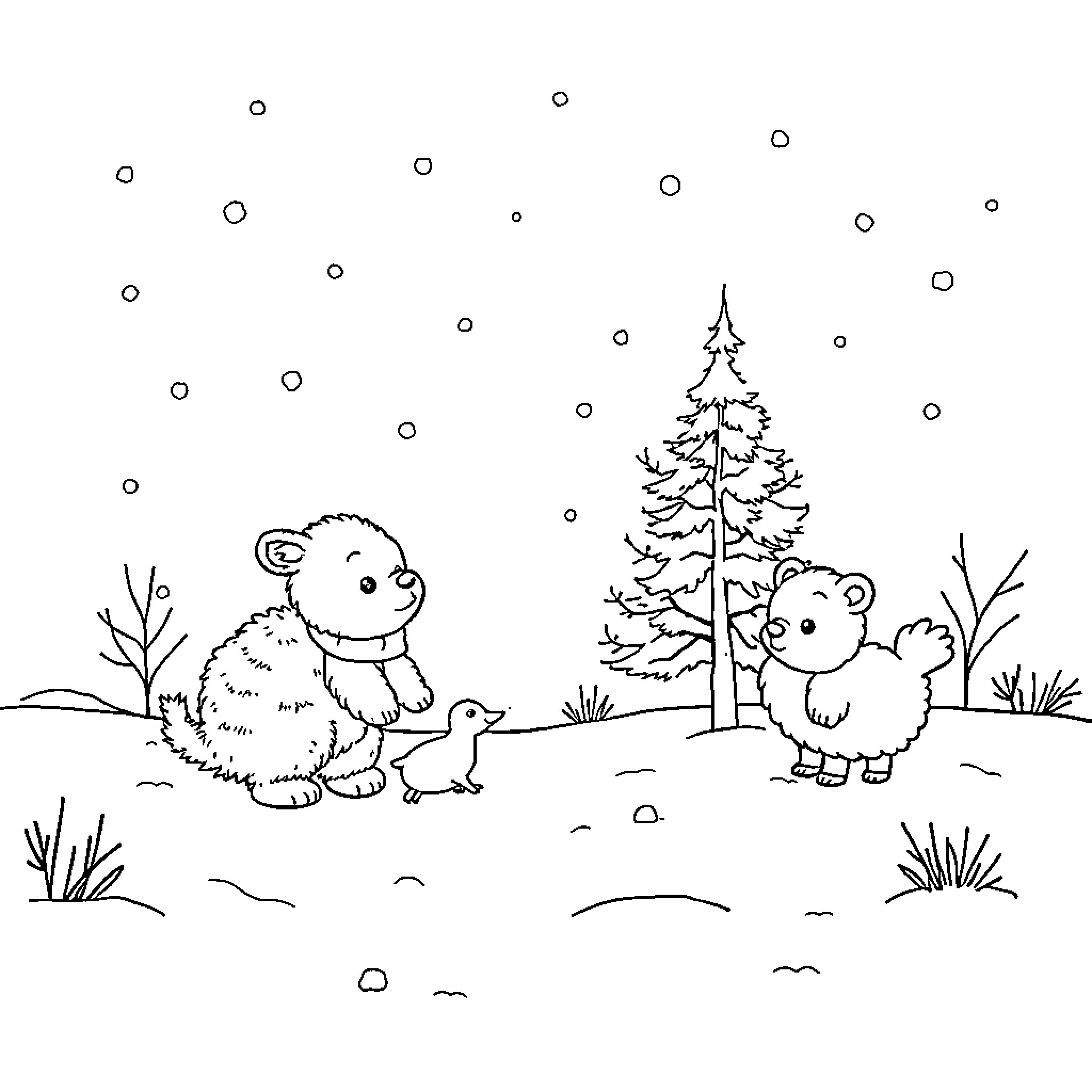 Animal friends playing in the snowy forest Coloring Page (free black-and-white line drawing printable PDF for all, from beginners to advanced learners, including children, teens, adults, and seniors)