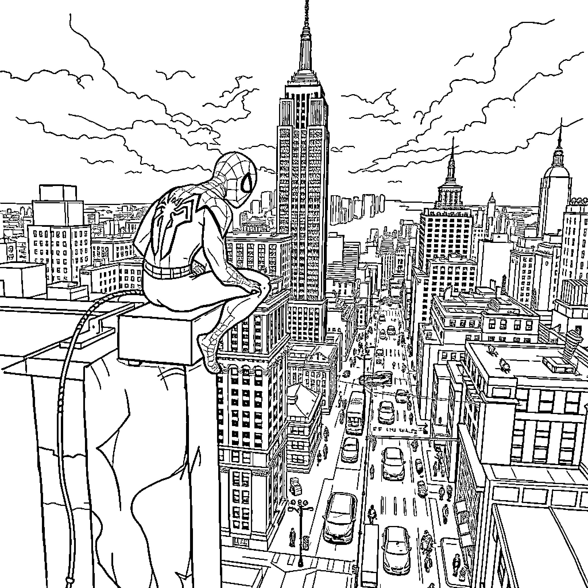 Spiderman overlooking the bustling New York City skyline Coloring Page (free black-and-white line drawing printable PDF for all, from beginners to advanced learners, including children, teens, adults, and seniors)
