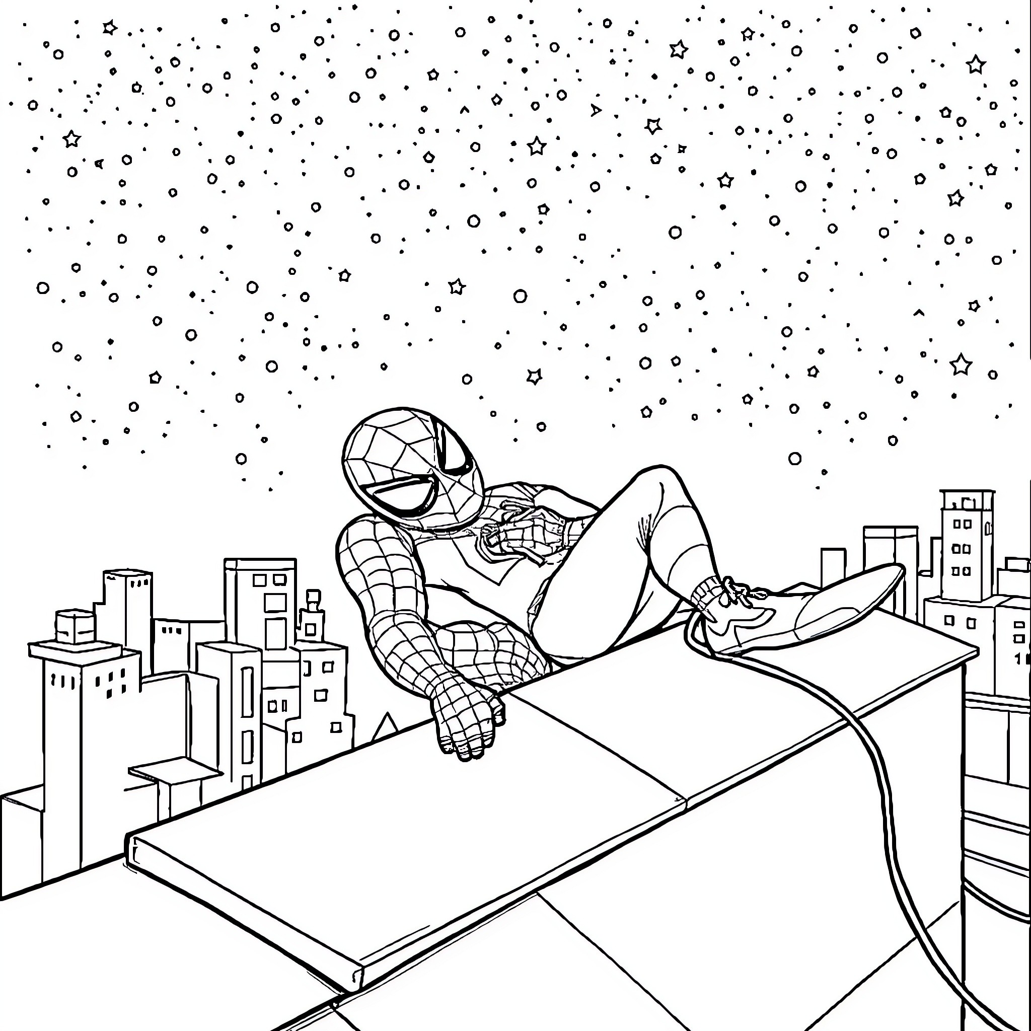 Spiderman saving the city at night Coloring Page (free black-and-white line drawing printable PDF for all, from beginners to advanced learners, including children, teens, adults, and seniors)