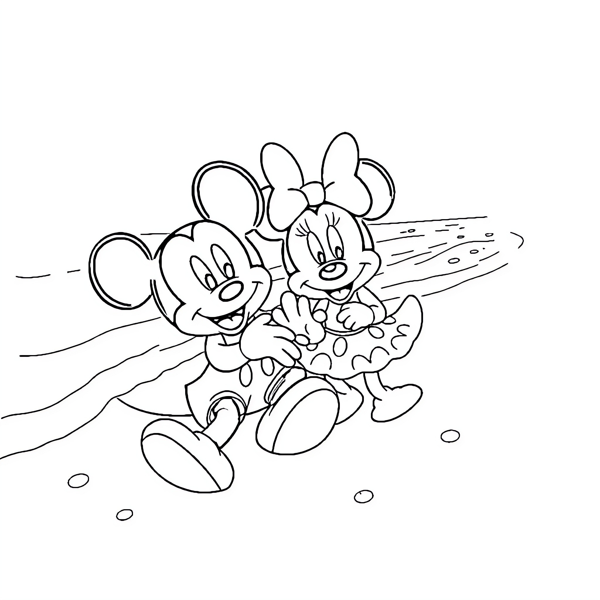 Mickey Mouse and Minnie Mouse in playful interaction Coloring Page (free black-and-white line drawing printable PDF for all, from beginners to advanced learners, including children, teens, adults, and seniors)