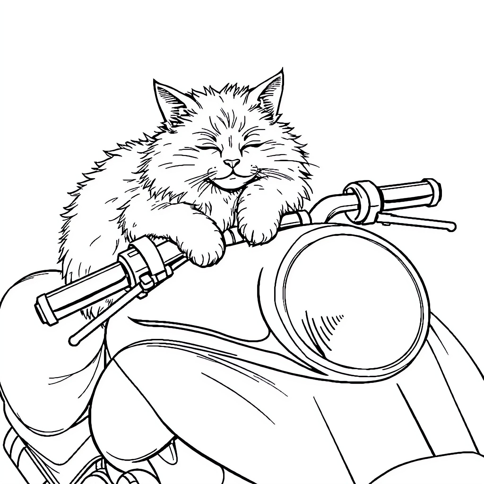 Cat riding a motorcycle Coloring Page (free black-and-white line drawing printable PDF for all, from beginners to advanced learners, including children, teens, adults, and seniors)