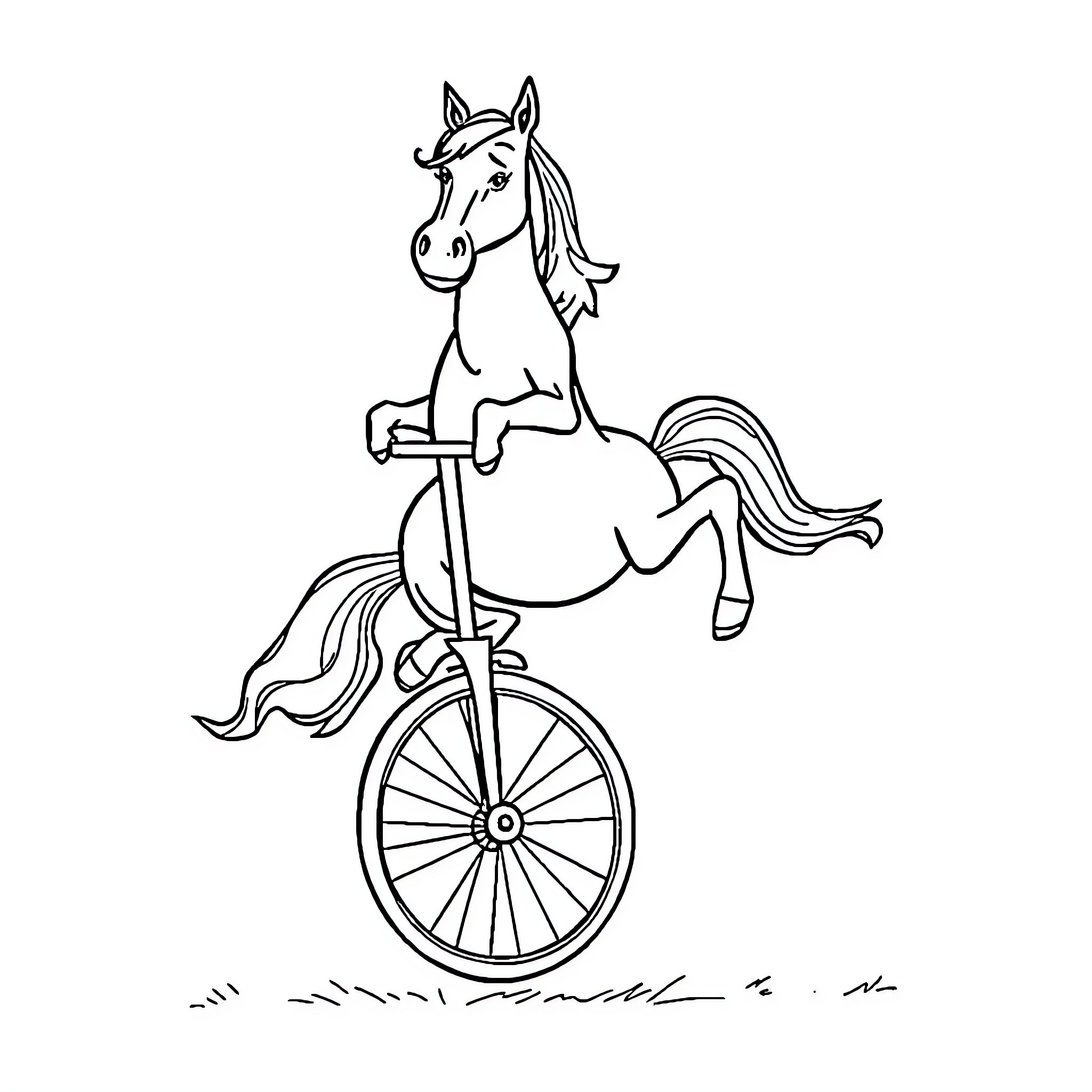 Horse riding unicycle on grass Coloring Page (free black-and-white line drawing printable PDF for all, from beginners to advanced learners, including children, teens, adults, and seniors)