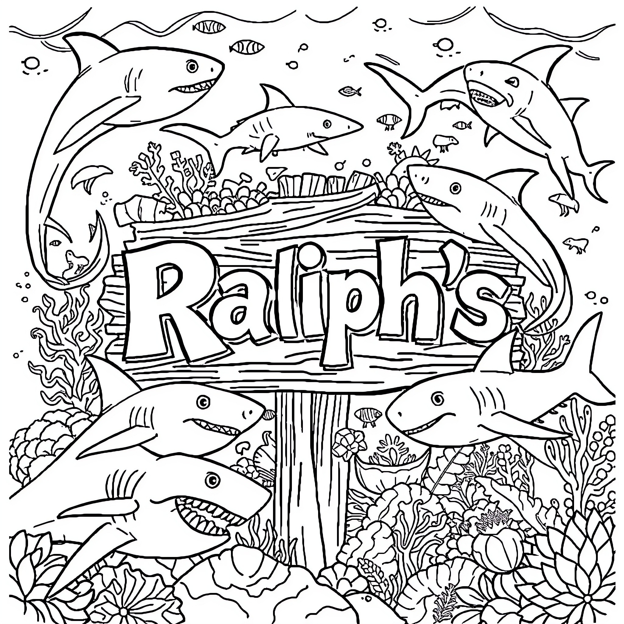Shark themed coloring page with text 'Ralph's' Coloring Page (free black-and-white line drawing printable PDF for all, from beginners to advanced learners, including children, teens, adults, and seniors)
