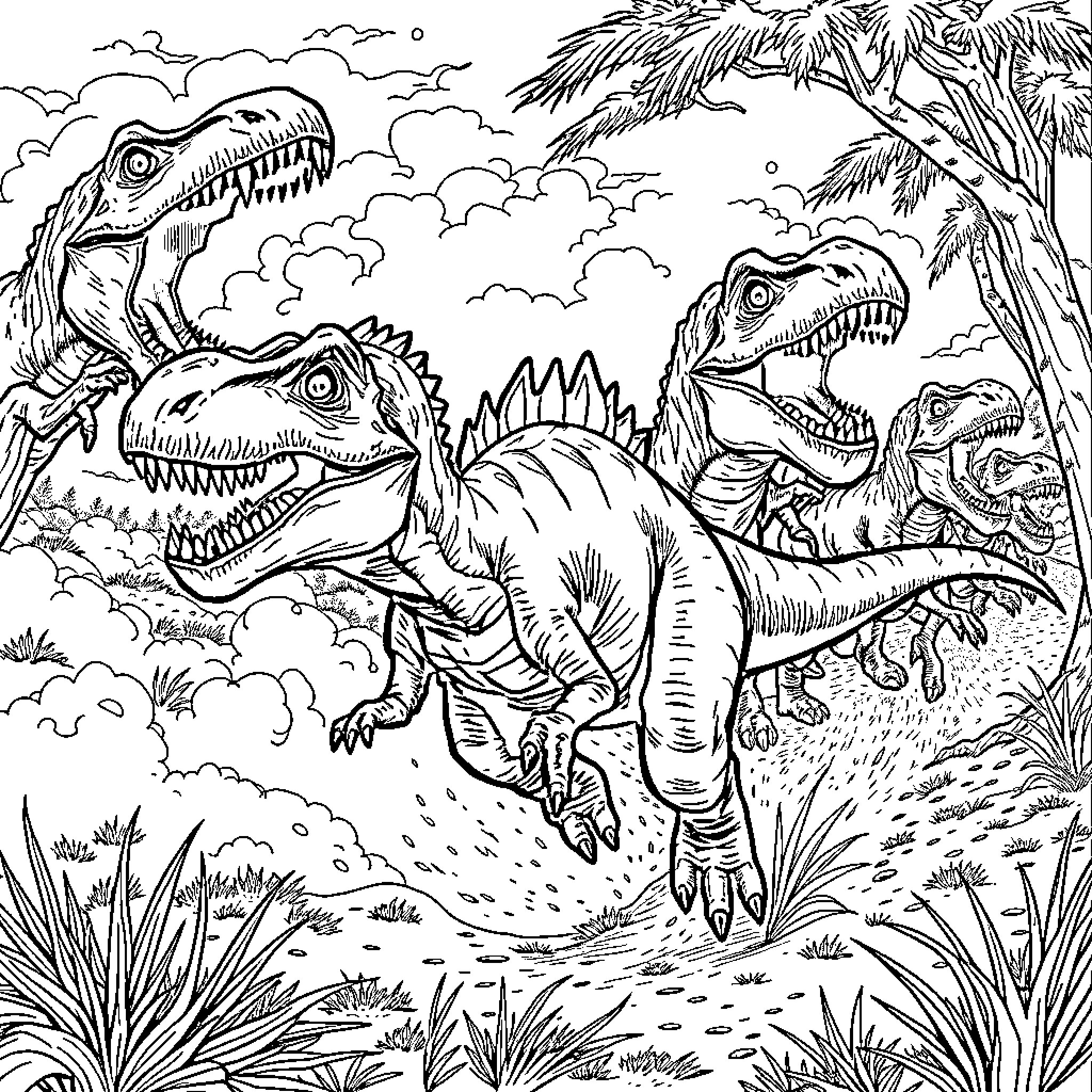 Dinosaurs Roaring Fiercely in Prehistoric Landscape Coloring Page (free black-and-white line drawing printable PDF for all, from beginners to advanced learners, including children, teens, adults, and seniors)