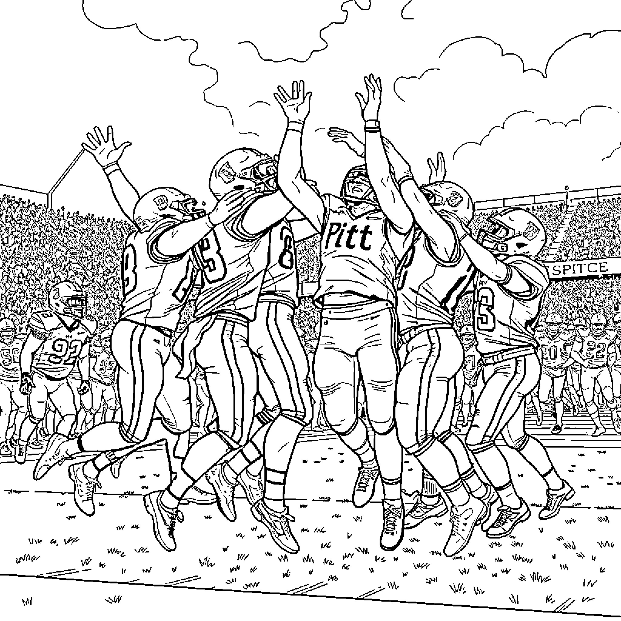 Football players celebrating victory on the field Coloring Page (free black-and-white line drawing printable PDF for all, from beginners to advanced learners, including children, teens, adults, and seniors)