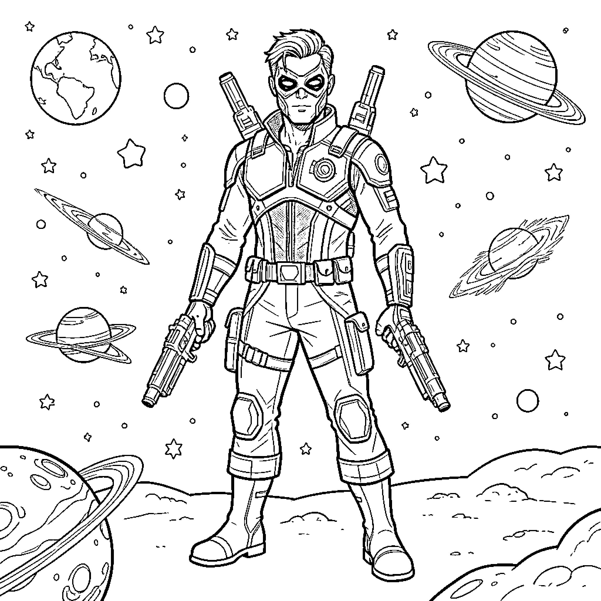 Star Lord's Cosmic Adventure Coloring Page (free black-and-white line drawing printable PDF for all, from beginners to advanced learners, including children, teens, adults, and seniors)