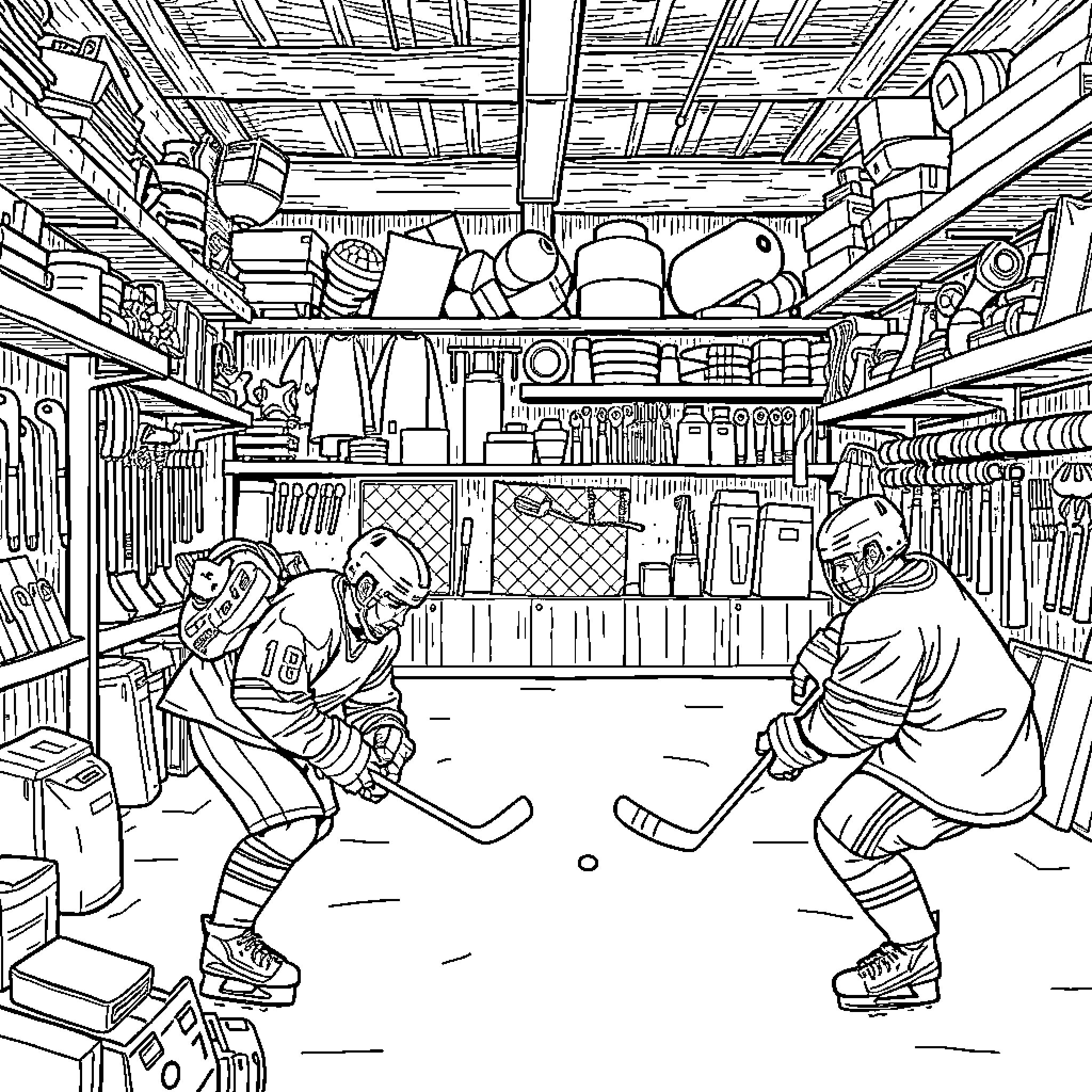 Hockey Players Compete in Intense Match in Locker Room Coloring Page (free black-and-white line drawing printable PDF for all, from beginners to advanced learners, including children, teens, adults, and seniors)