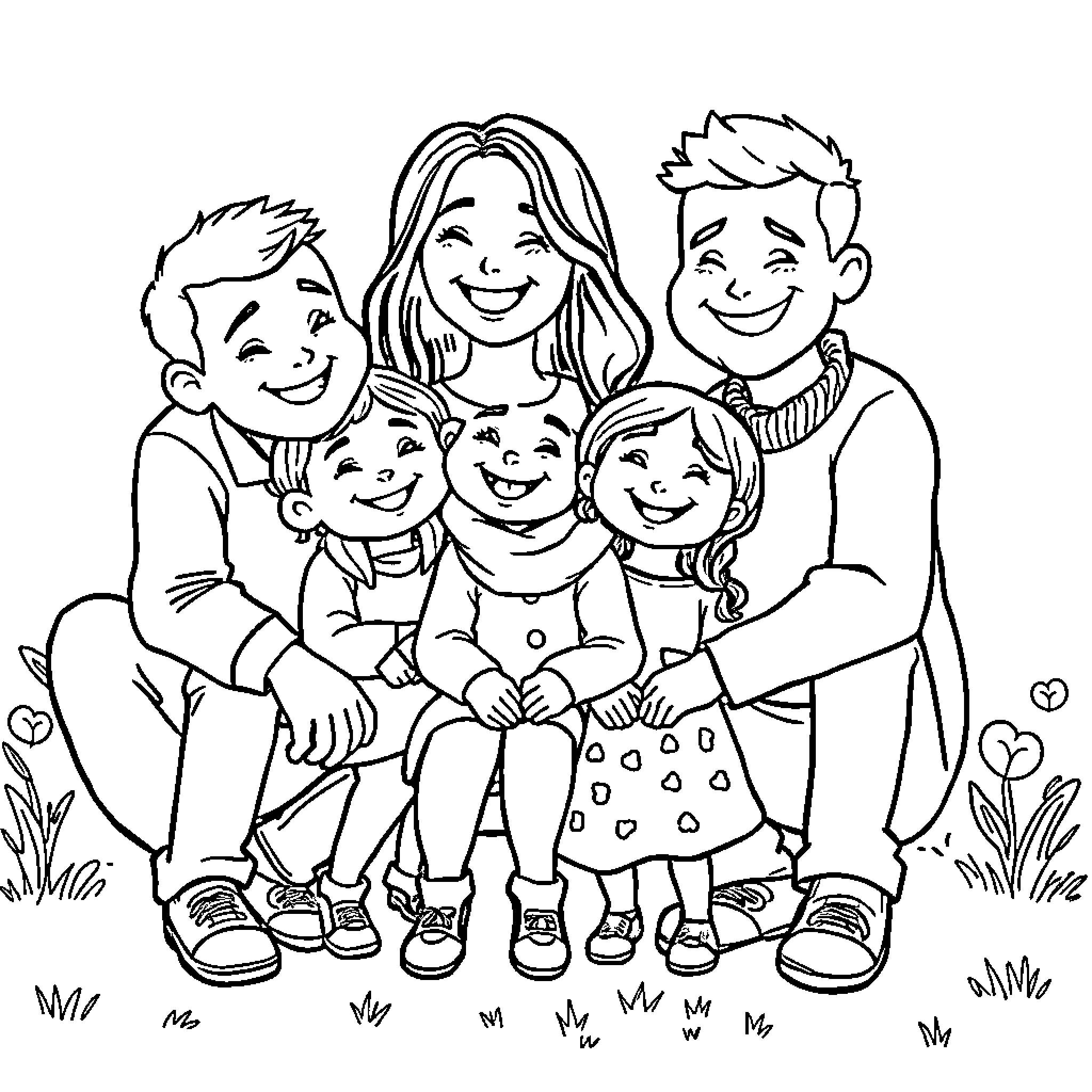 Family enjoying a sunny day together Coloring Page (free black-and-white line drawing printable PDF for all, from beginners to advanced learners, including children, teens, adults, and seniors)
