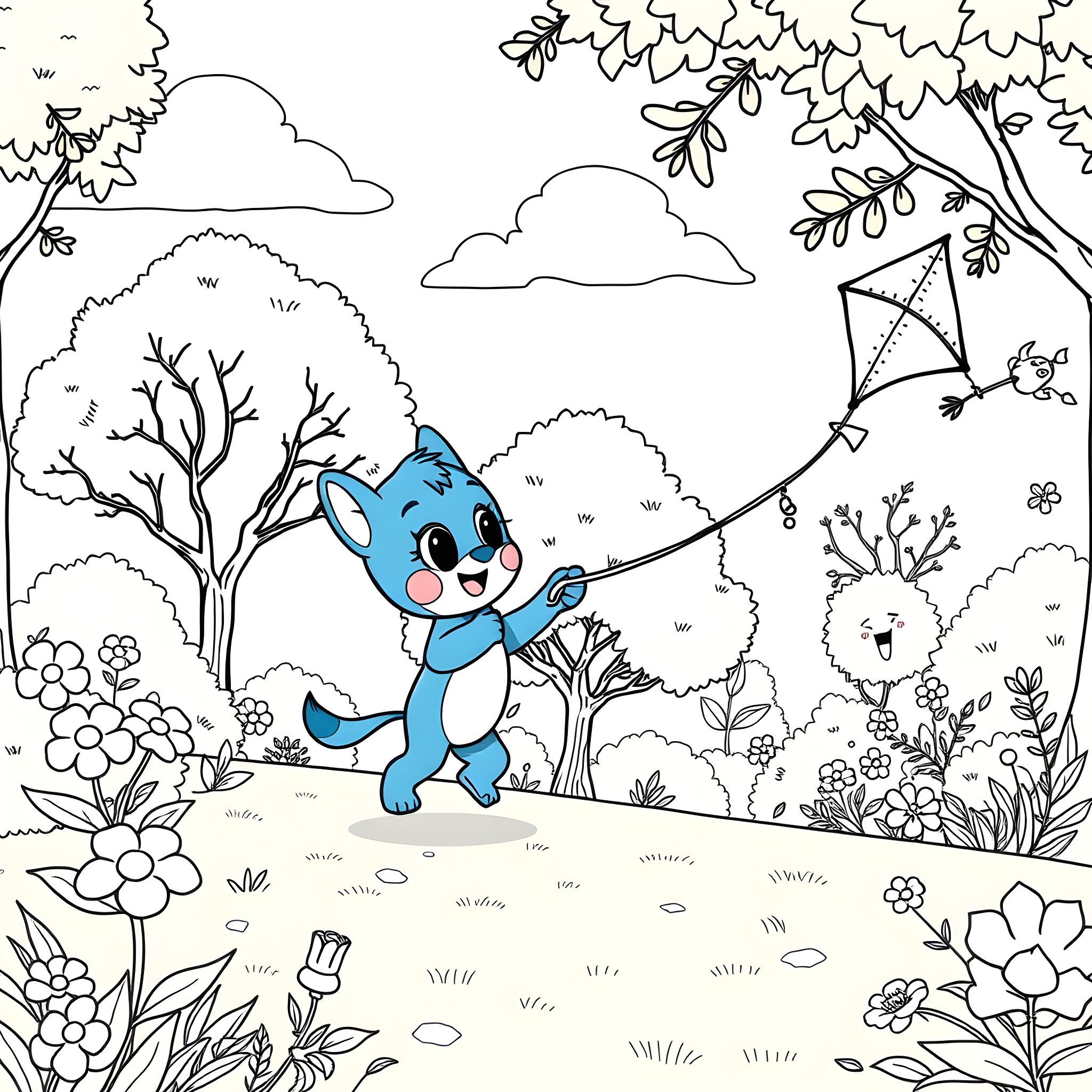 Bluey playing in the park with a kite Coloring Page (free black-and-white line drawing printable PDF for all, from beginners to advanced learners, including children, teens, adults, and seniors)