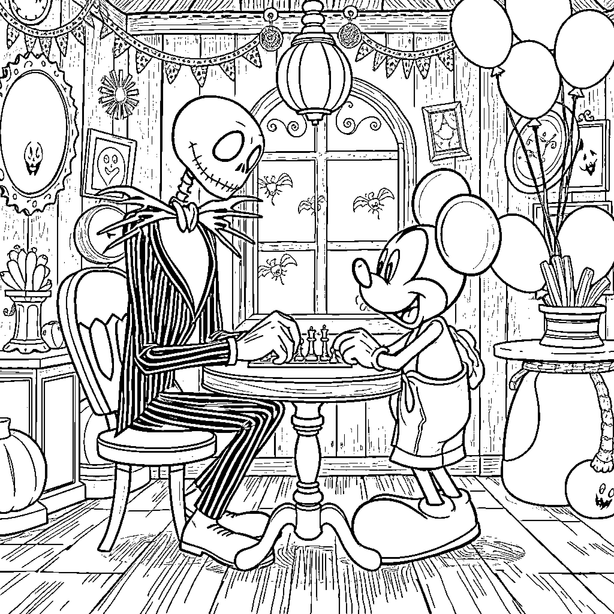 Jack Skellington enjoying a party with Mickey Mouse Coloring Page (free black-and-white line drawing printable PDF for all, from beginners to advanced learners, including children, teens, adults, and seniors)