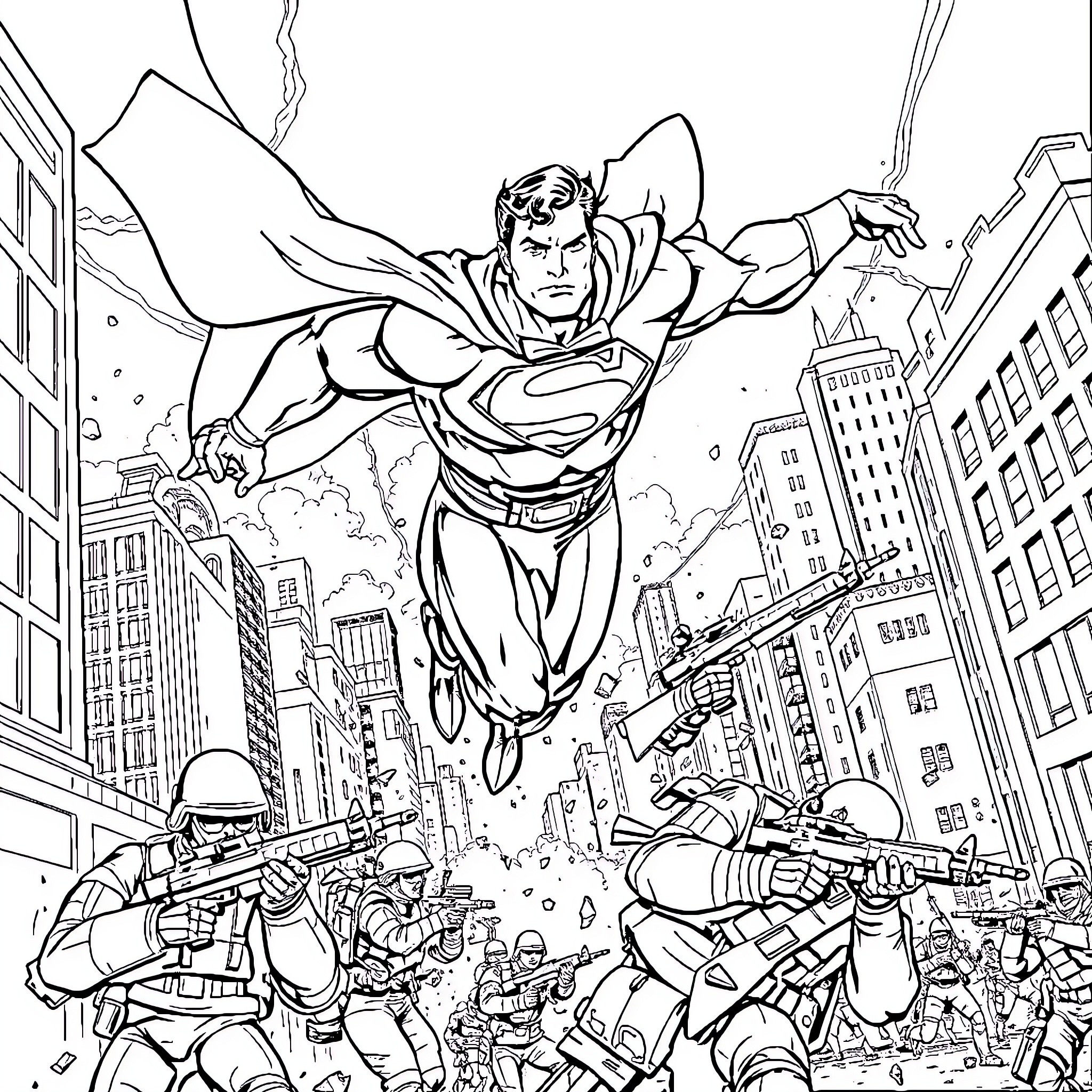 Superman saving the city from destruction Coloring Page (free black-and-white line drawing printable PDF for all, from beginners to advanced learners, including children, teens, adults, and seniors)