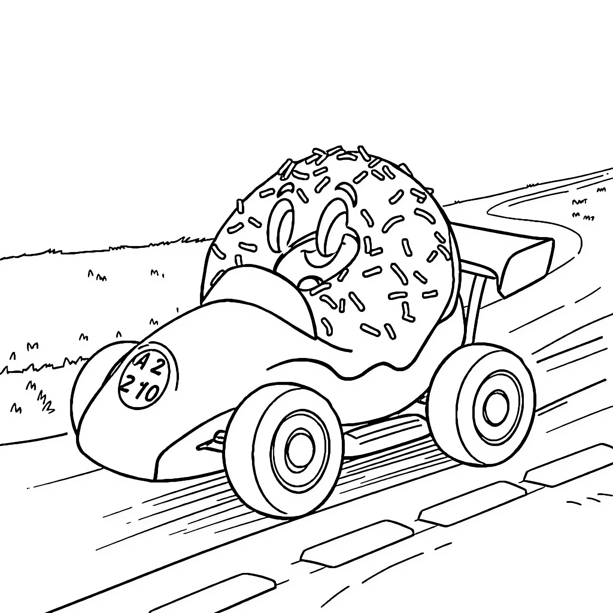 Donut-shaped car speeding on the road Coloring Page (free black-and-white line drawing printable PDF for all, from beginners to advanced learners, including children, teens, adults, and seniors)
