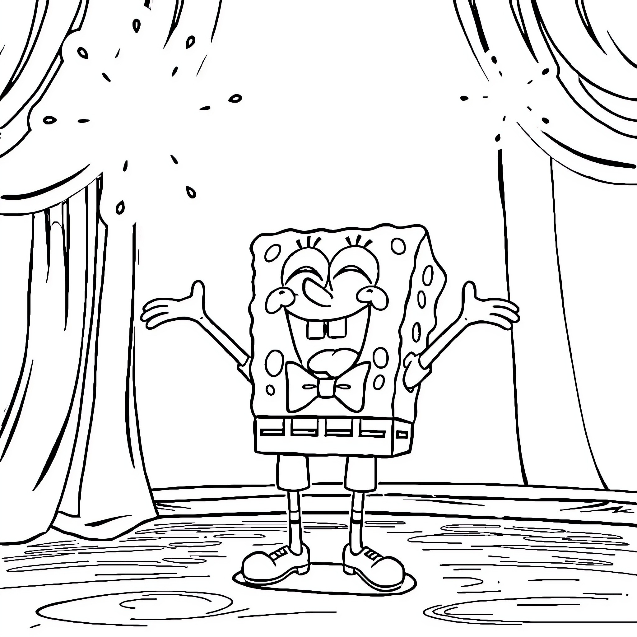 Sponge Bob's Cheerful Stage Performance Coloring Page (free black-and-white line drawing printable PDF for all, from beginners to advanced learners, including children, teens, adults, and seniors)